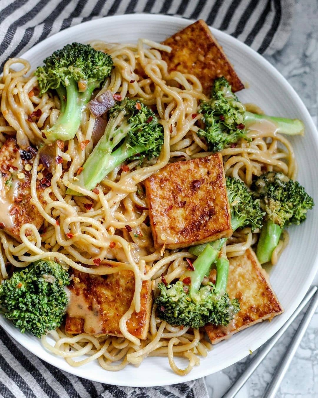 Noodles with Peanut Sauce and Baked Garlic Chili Tofu