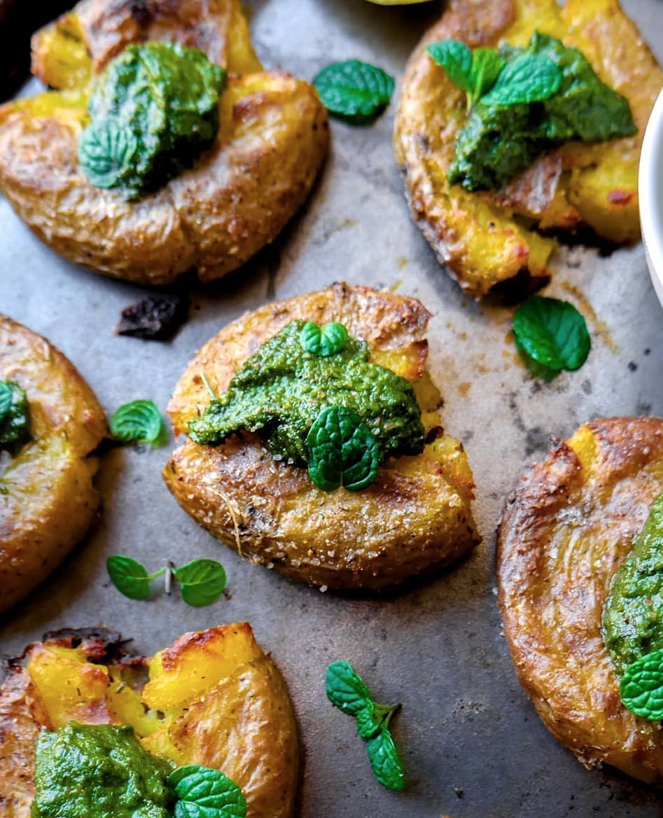 Vegan Thai Basil Pistachio Pesto with Smashed Potatoes