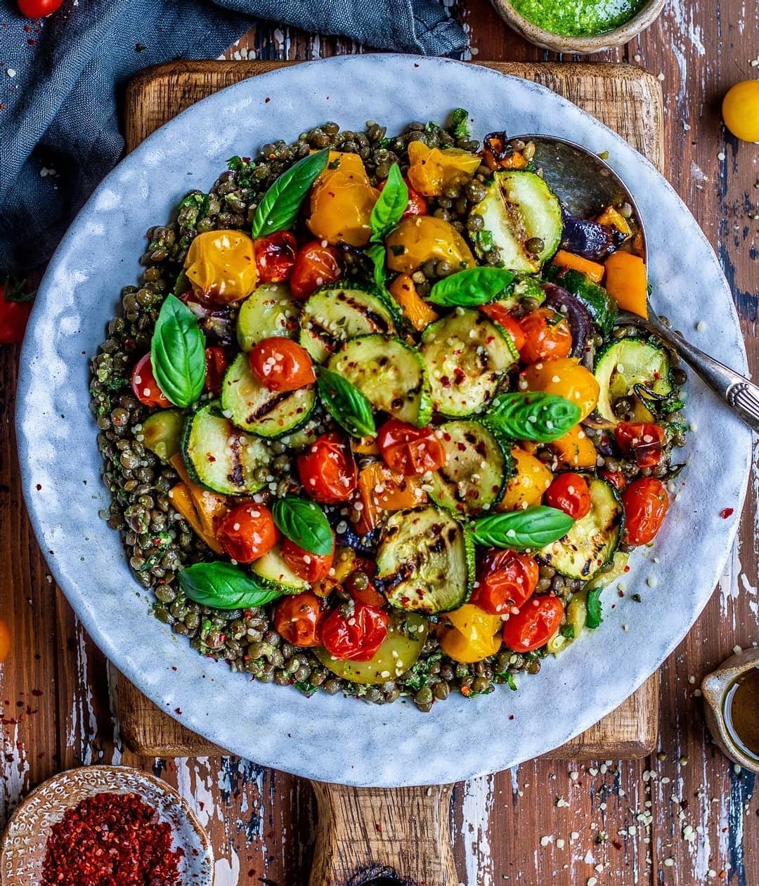 Roasted Vegetables Pesto Lentil Salad