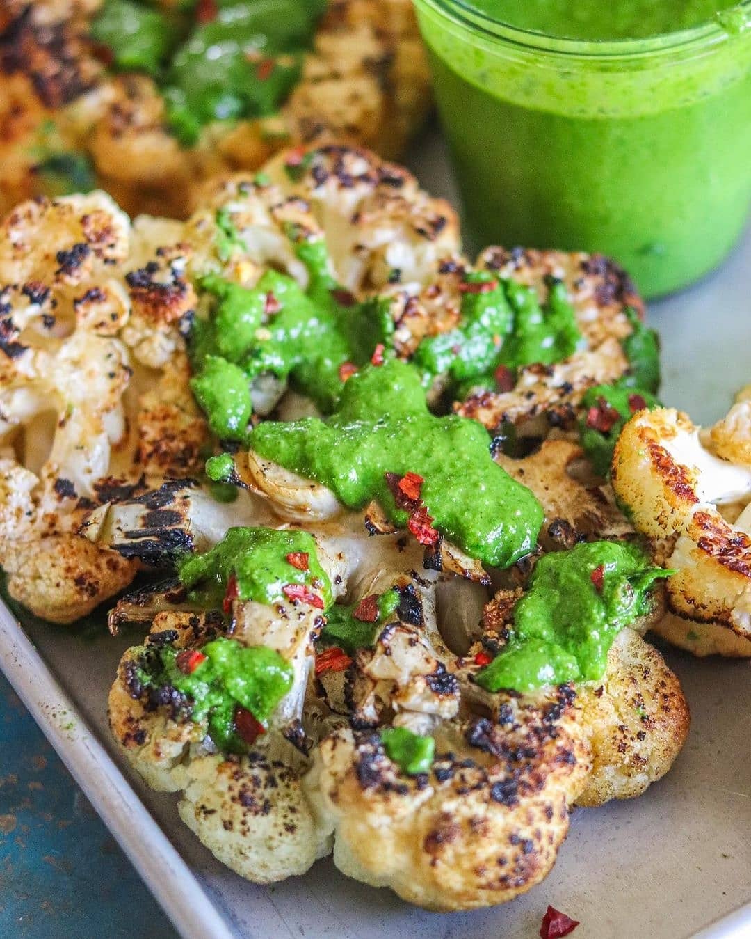 Grilled Cauliflower Steaks with Basil Cilantro Pesto
