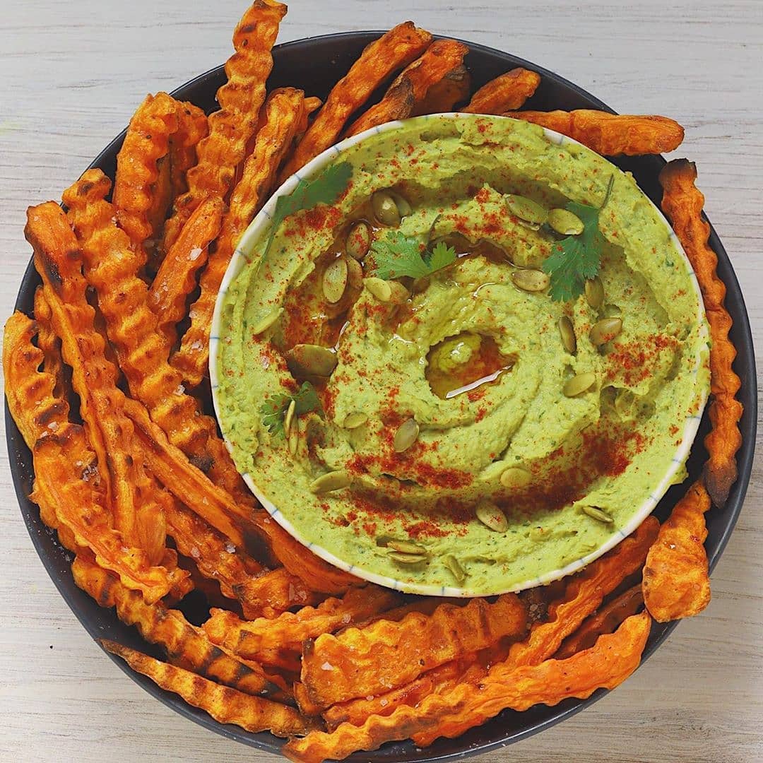 Avocado Hummus with Baked Sweet Potato Fries