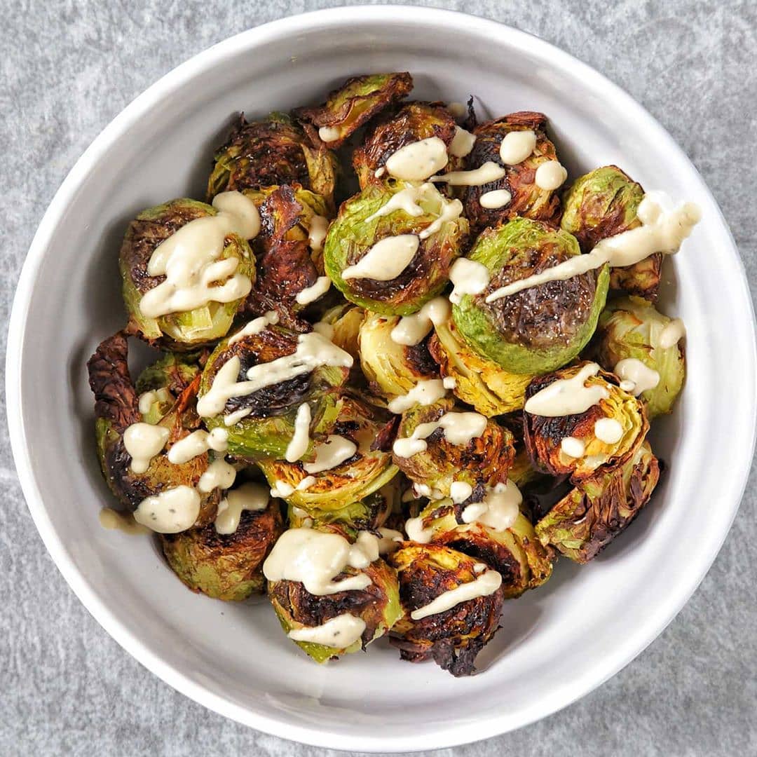 Roasted Brussels Sprouts with Hummus Dressing