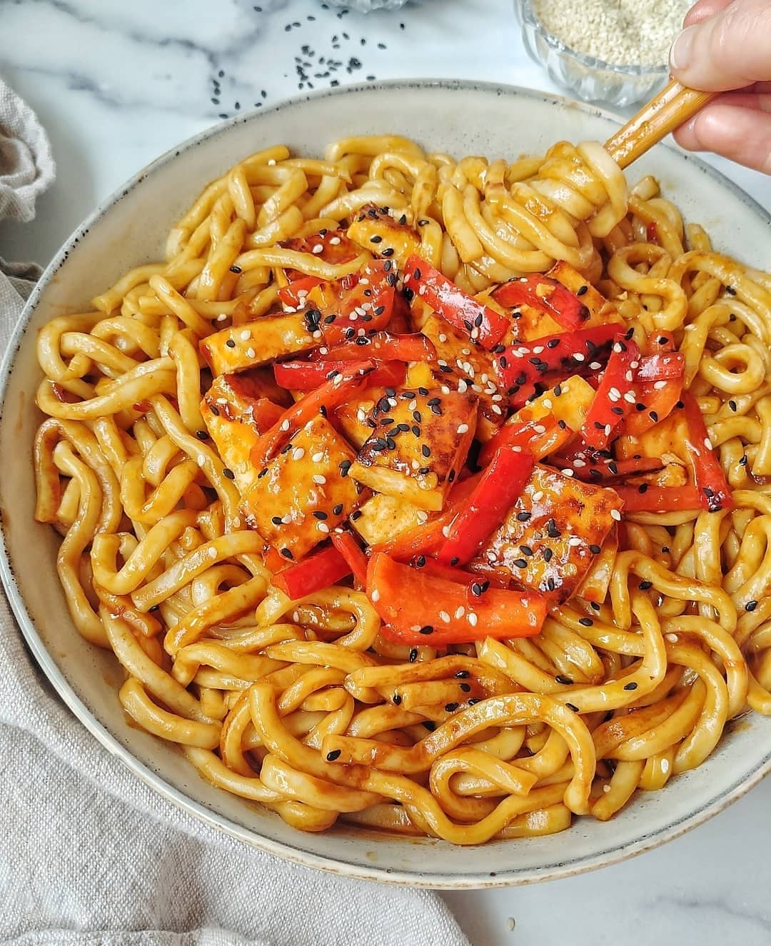 Sweet Chili Tofu and Peppers with Noodles