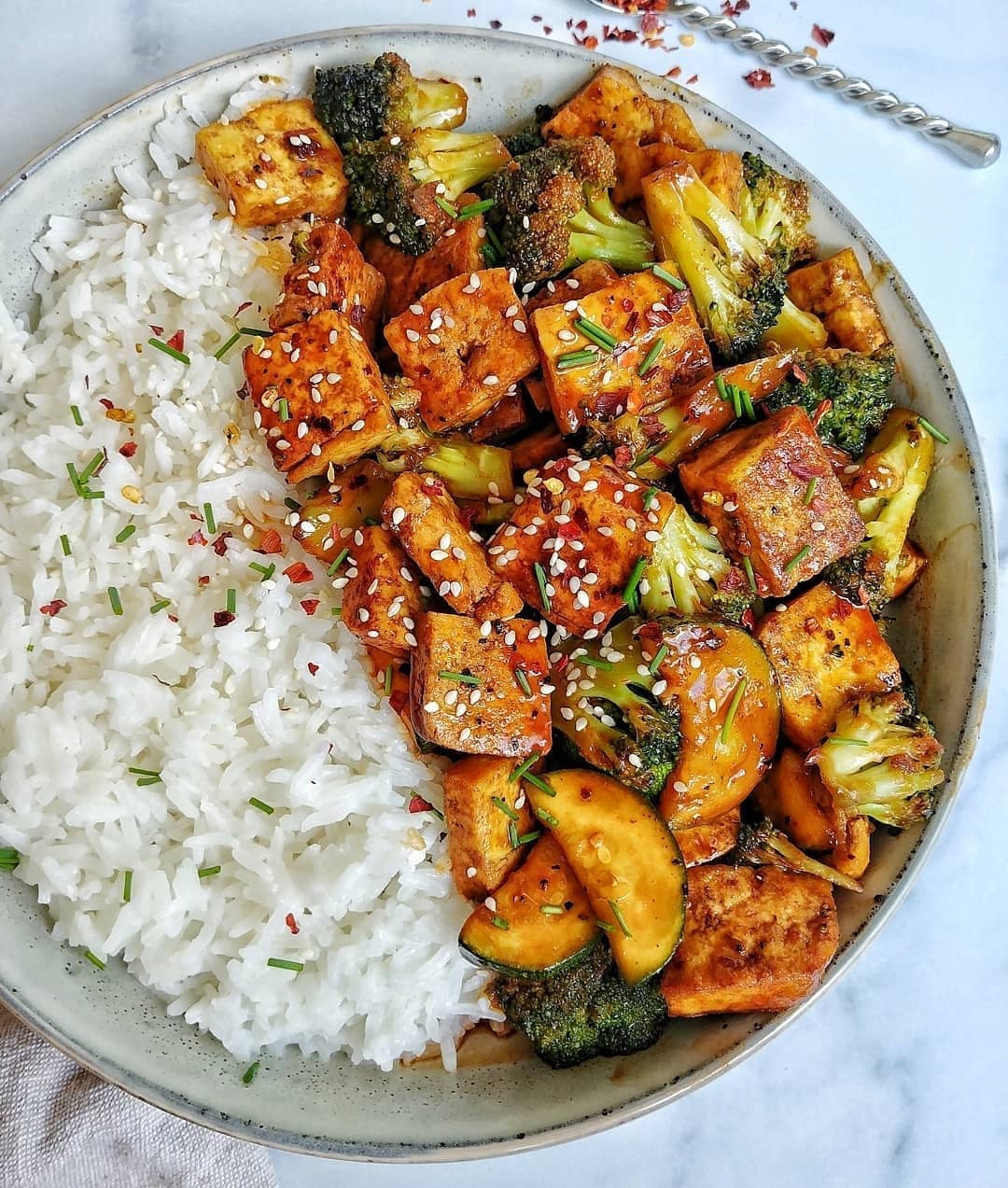 Broccoli and Zucchini Tofu Bbq Stir Fry