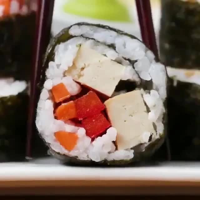 Vegan Avocado Mango and Teriyaki Tofu Sushi Rolls
