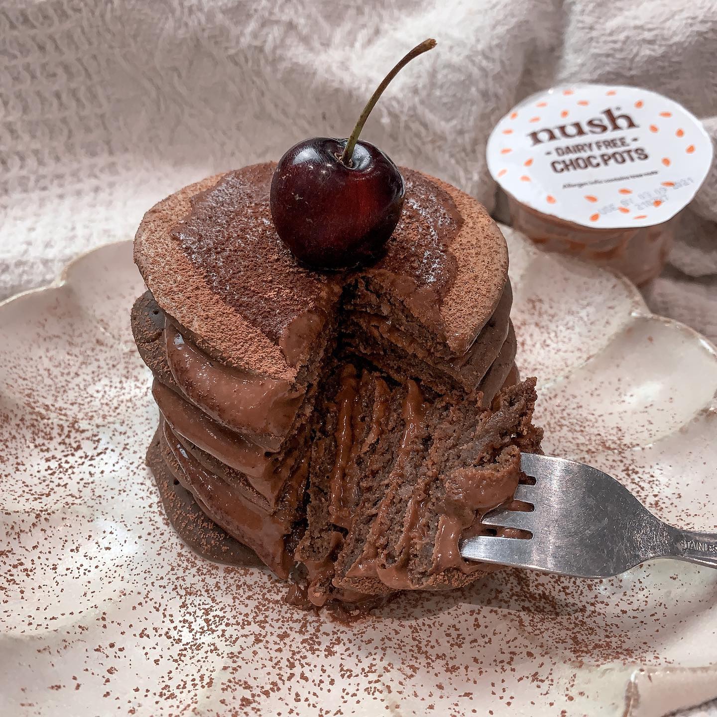 Double Chocolate Pancake Stack with Salted Caramel Almond Fudge Mousse