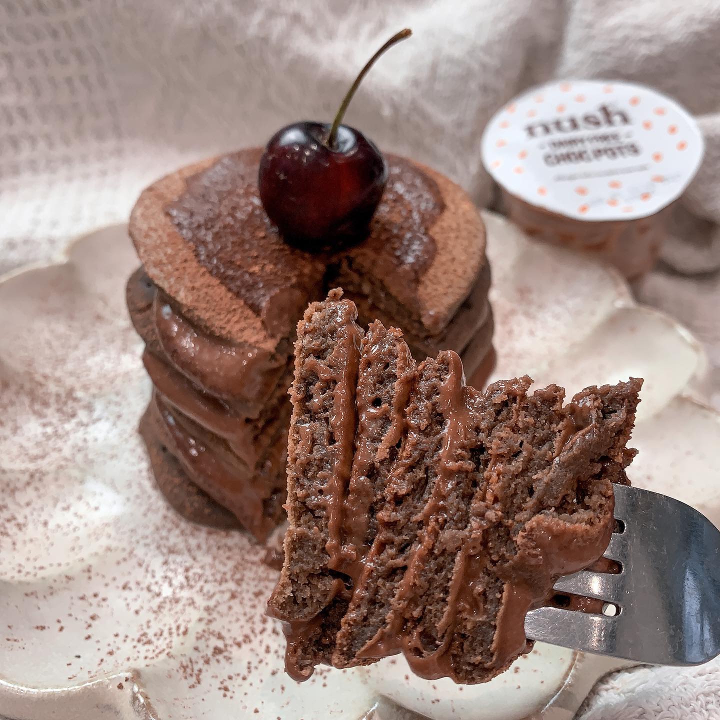 Double Chocolate Pancake Stack with Salted Caramel Almond Fudge Mousse