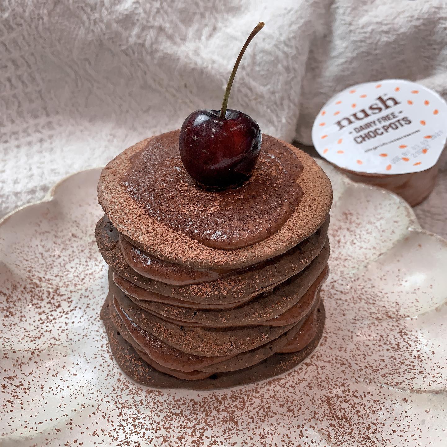 Double Chocolate Pancake Stack with Salted Caramel Almond Fudge Mousse