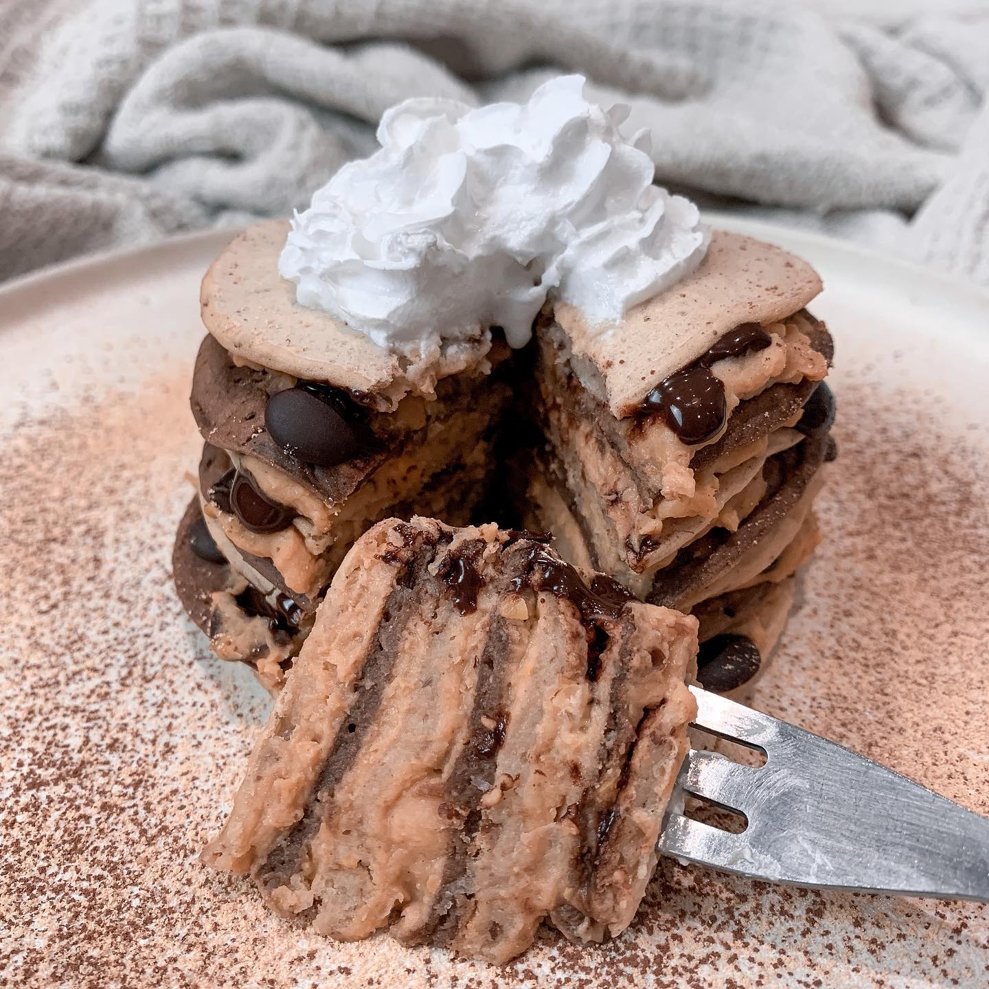 Choc Chip Cookie Dough Chocolate and Peanut Butter Pancake Stack