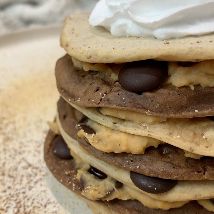 Choc Chip Cookie Dough Chocolate and Peanut Butter Pancake Stack