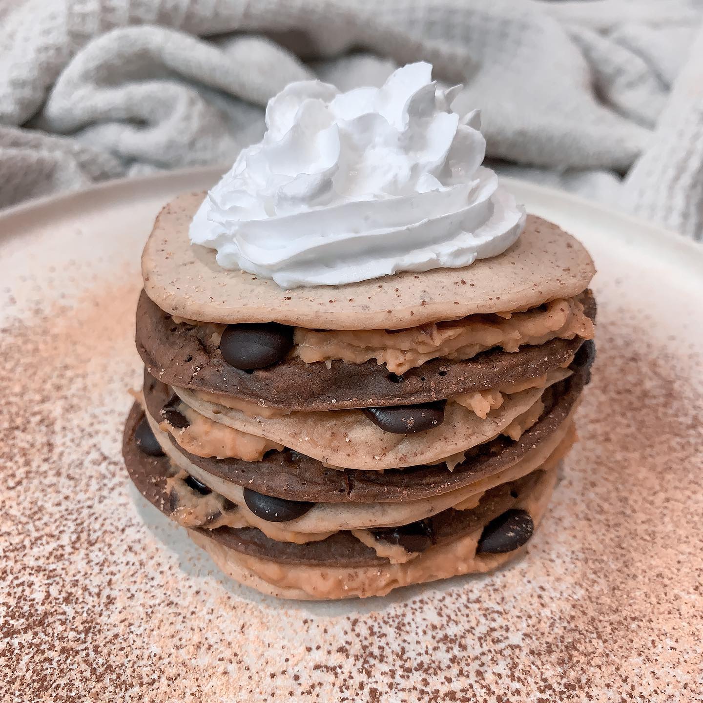 Choc Chip Cookie Dough Chocolate and Peanut Butter Pancake Stack