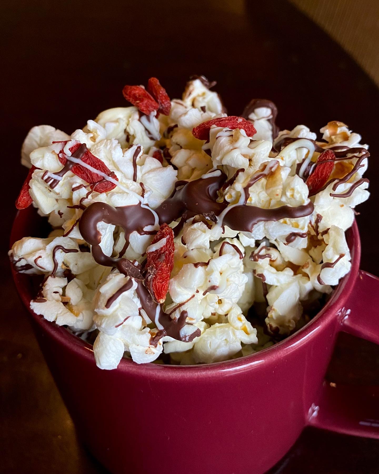 Chocolate Drizzled Popcorn with Goji Berries