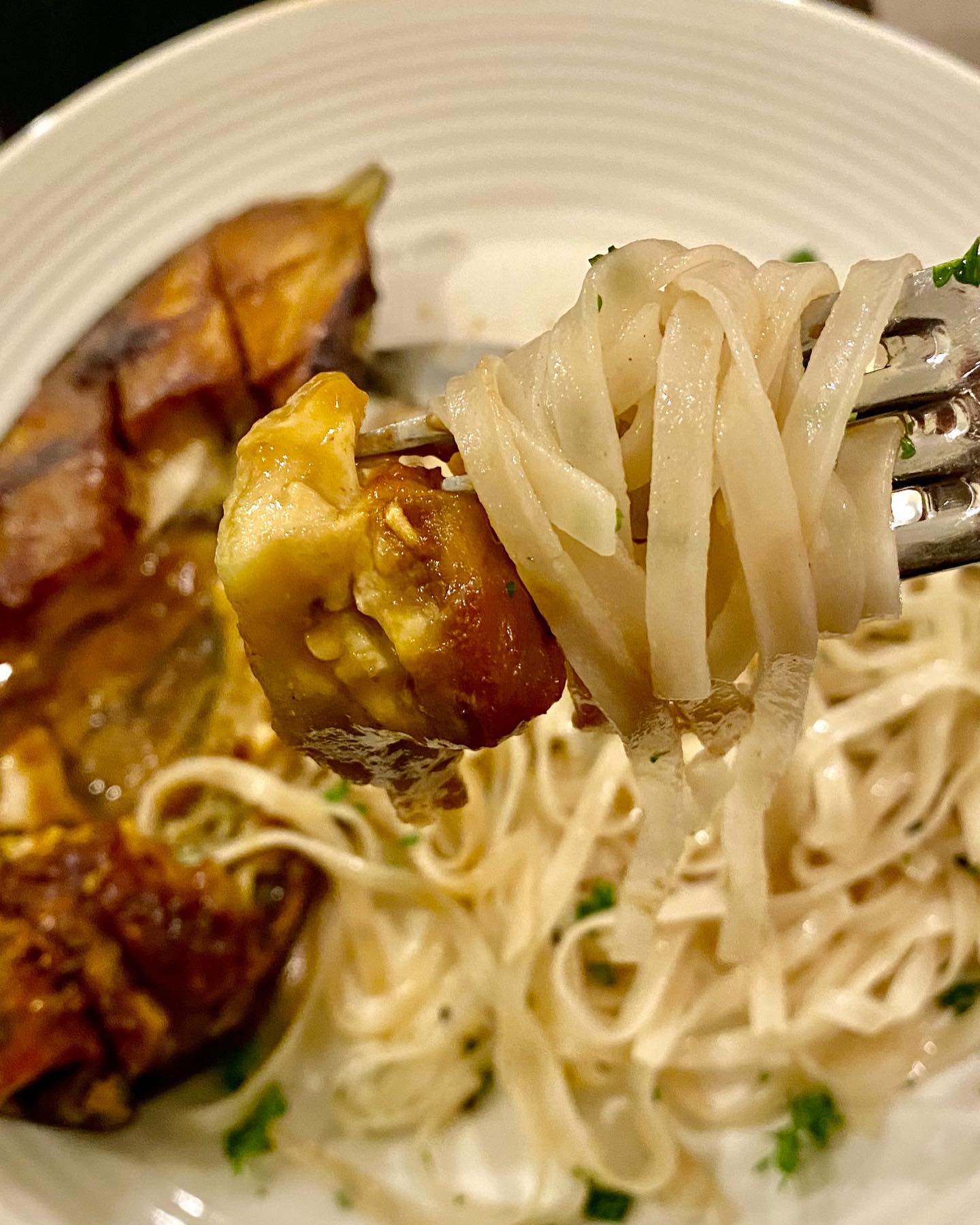 Peanut Butter Roasted Eggplant with Rice Noodles