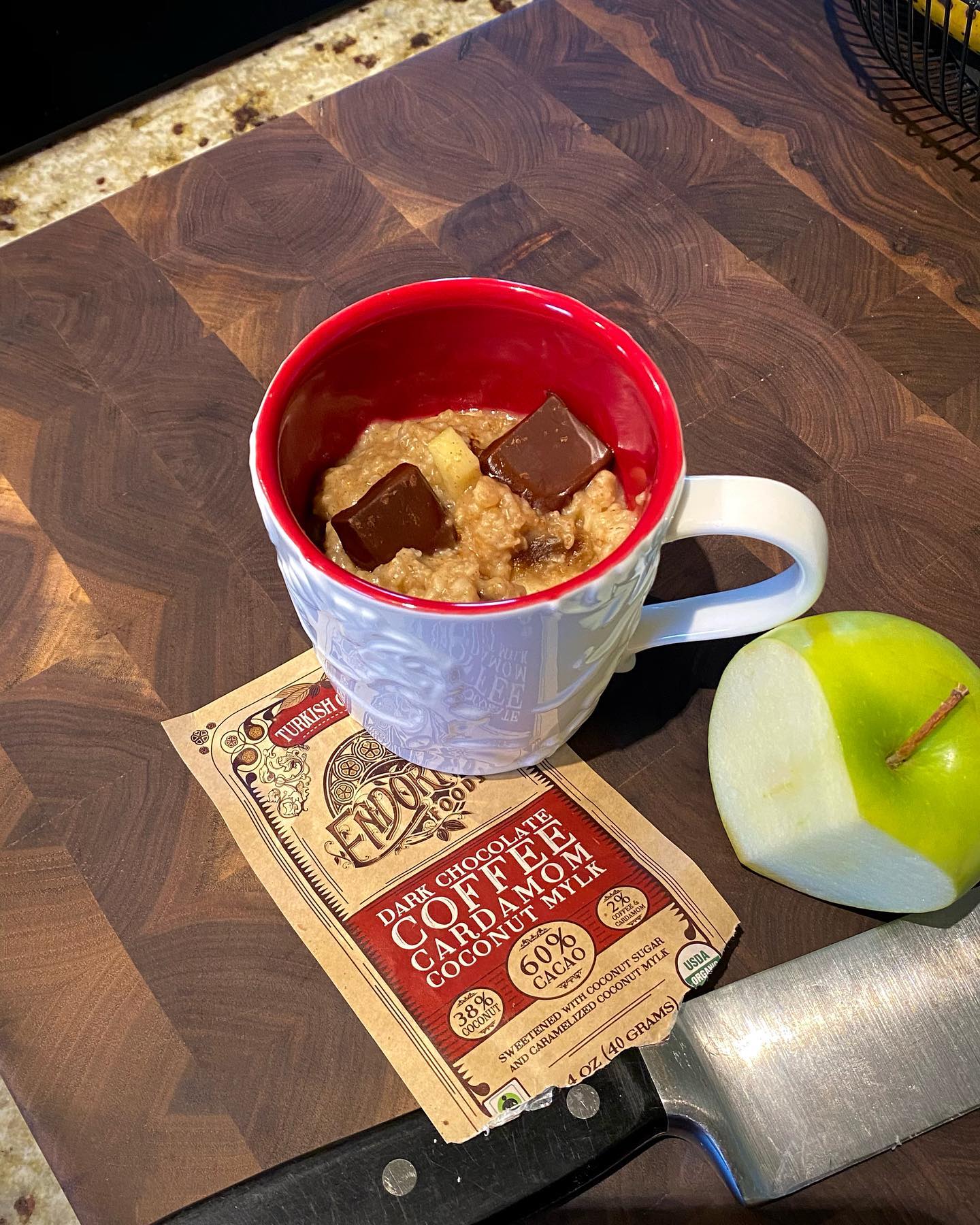 Creamy Apple Cinnamon Oatmeal with Dark Chocolate Topping