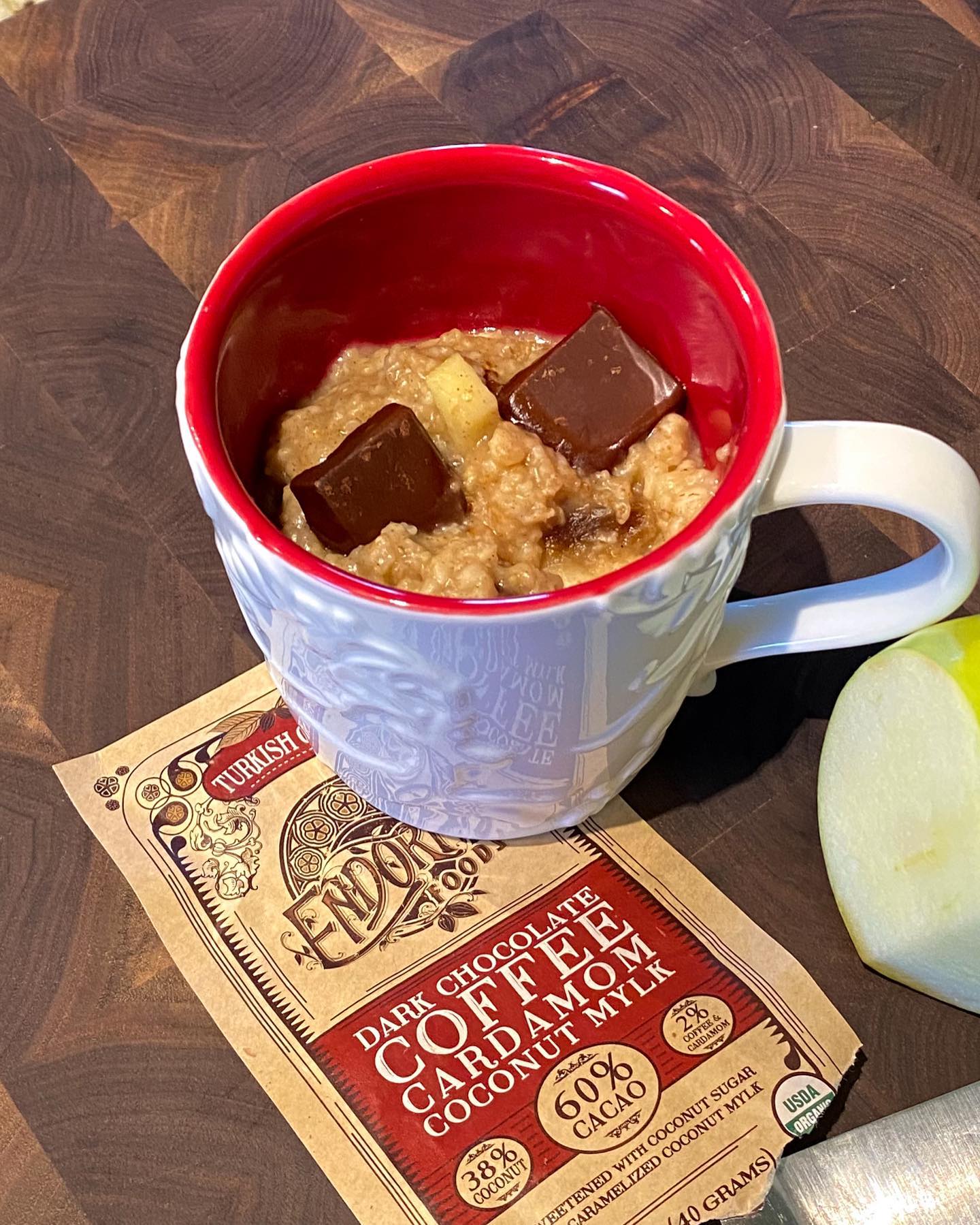 Creamy Apple Cinnamon Oatmeal with Dark Chocolate Topping