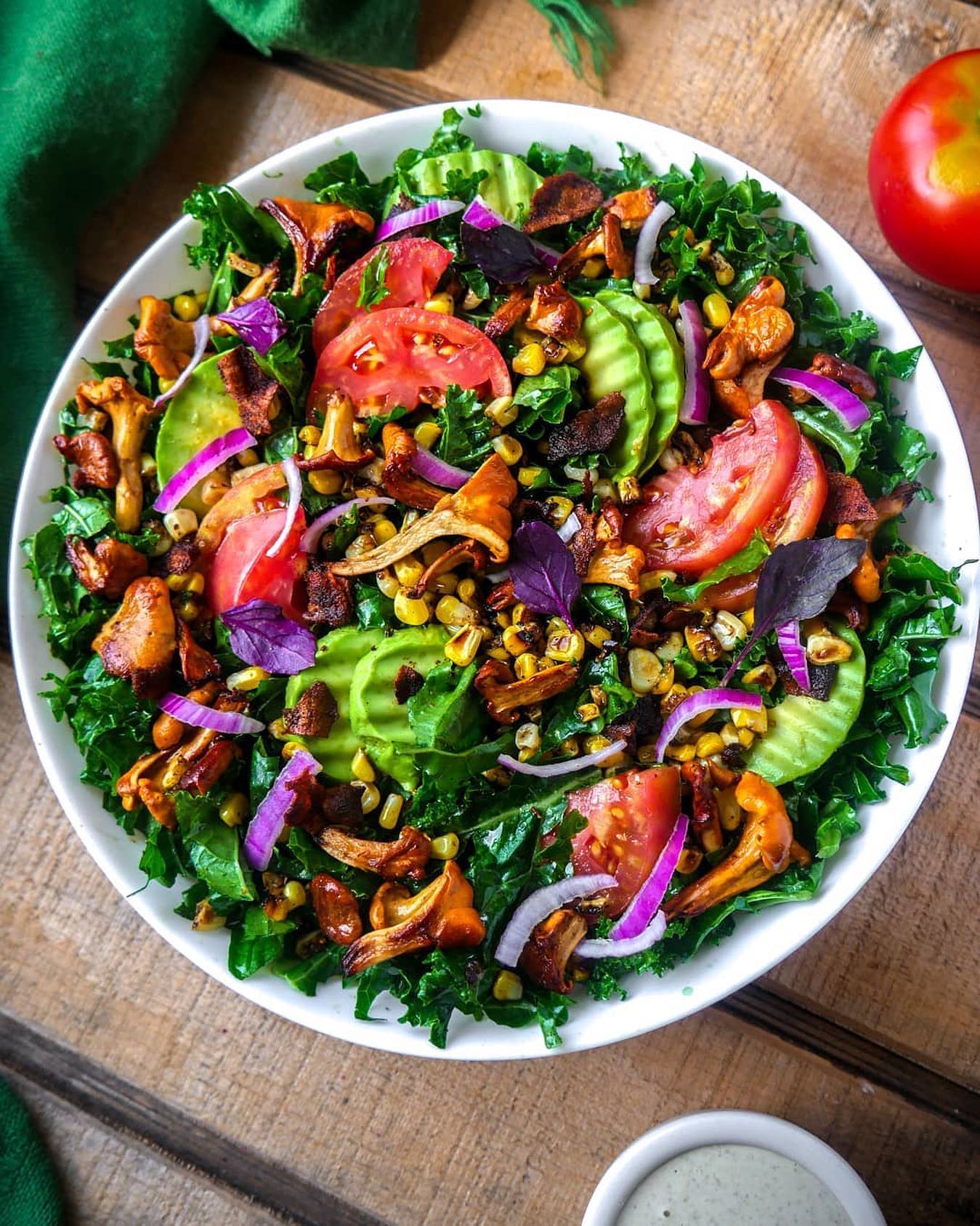 Vegan Bacon and Kale Salad with Crispy Garlic Chanterelles