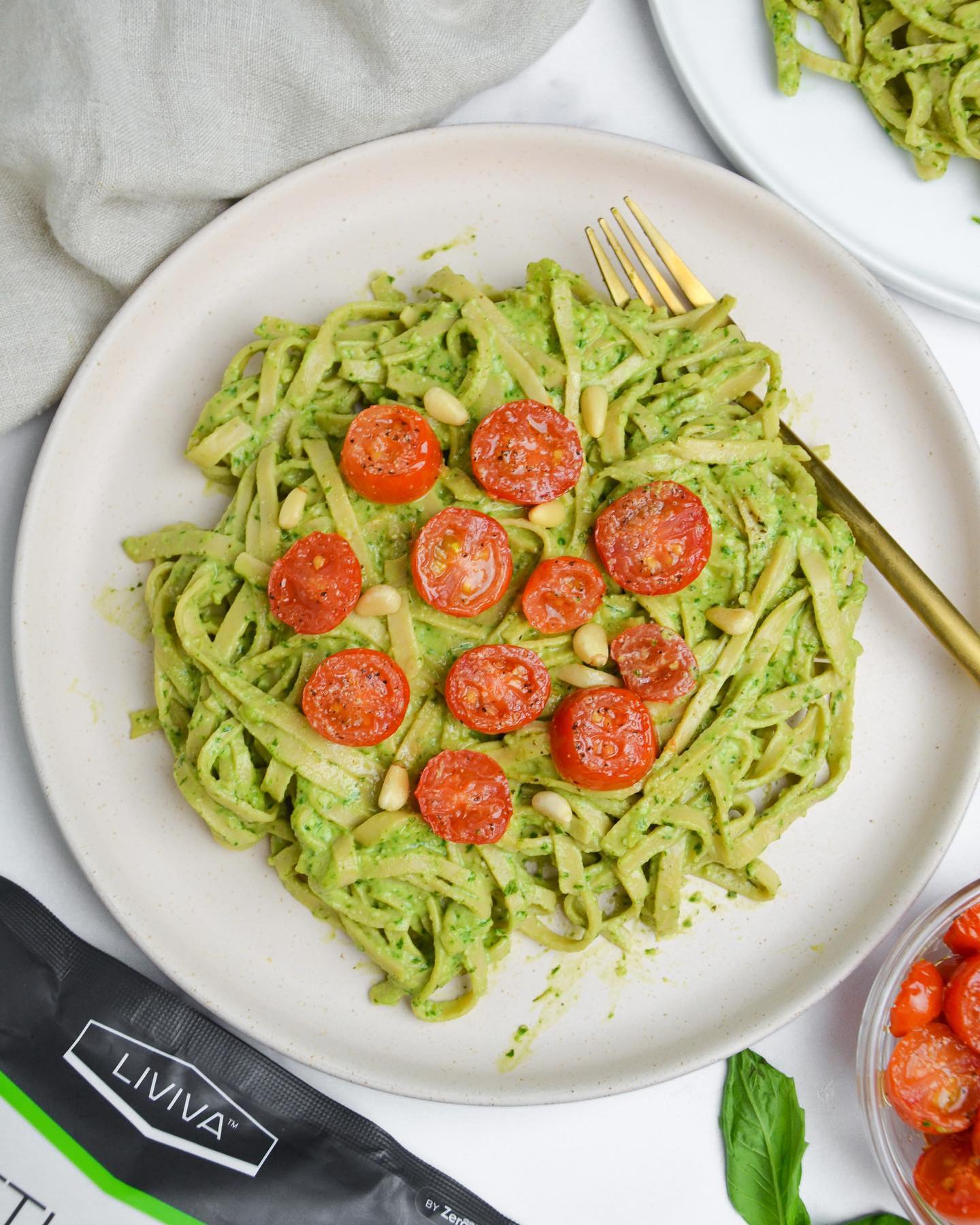 Easy Vegan Pesto Pasta with Liviva Foods Soybean Fettuccine
