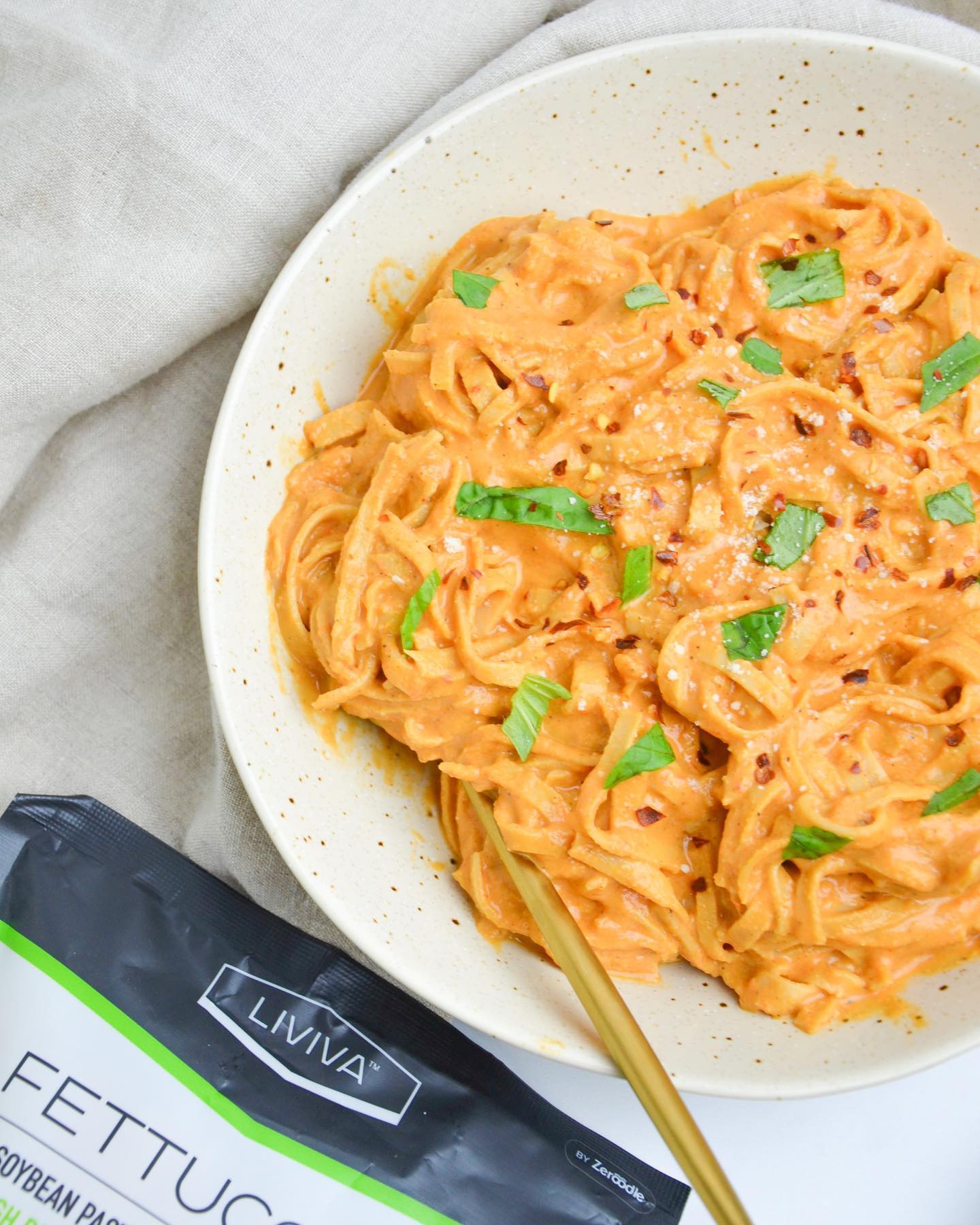 Creamy Red Pepper Pasta with Soybean Fettuccini