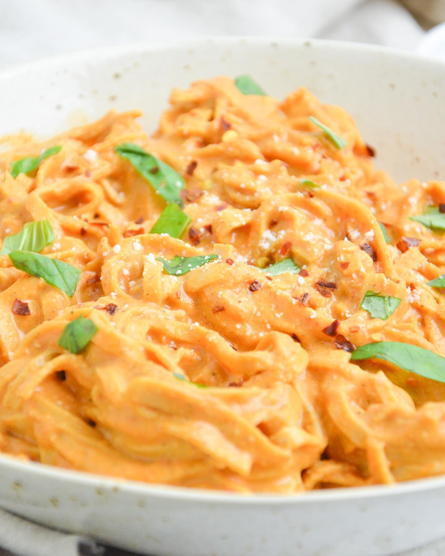 Creamy Red Pepper Pasta with Soybean Fettuccini