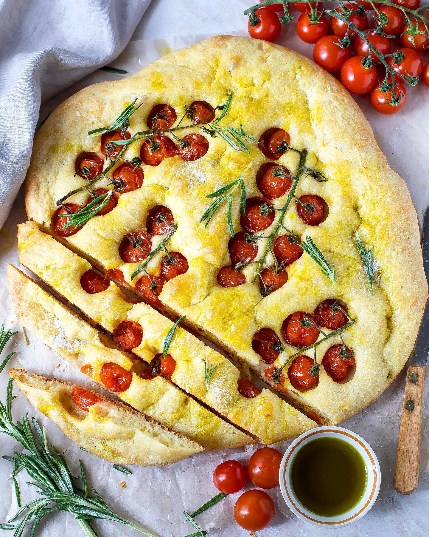 Lazy Rustic Focaccia with Cherry Tomatoes and Rosemary