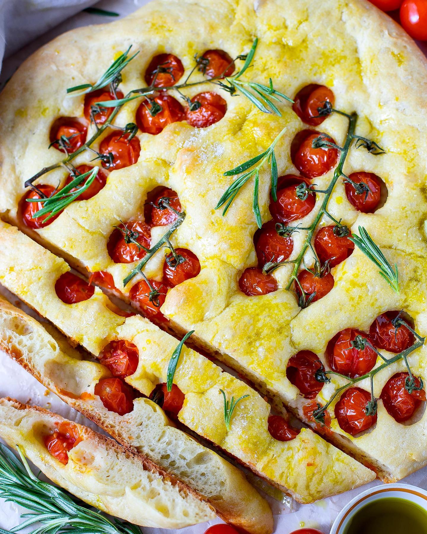 Lazy Rustic Focaccia with Cherry Tomatoes and Rosemary