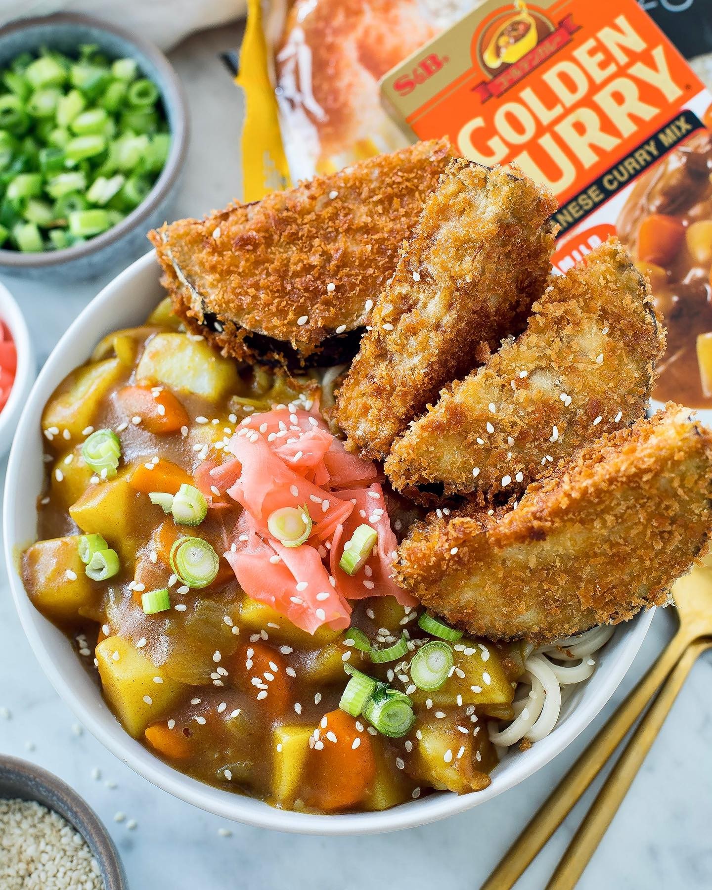 Vegetarian Eggplant Katsu Curry with Udon