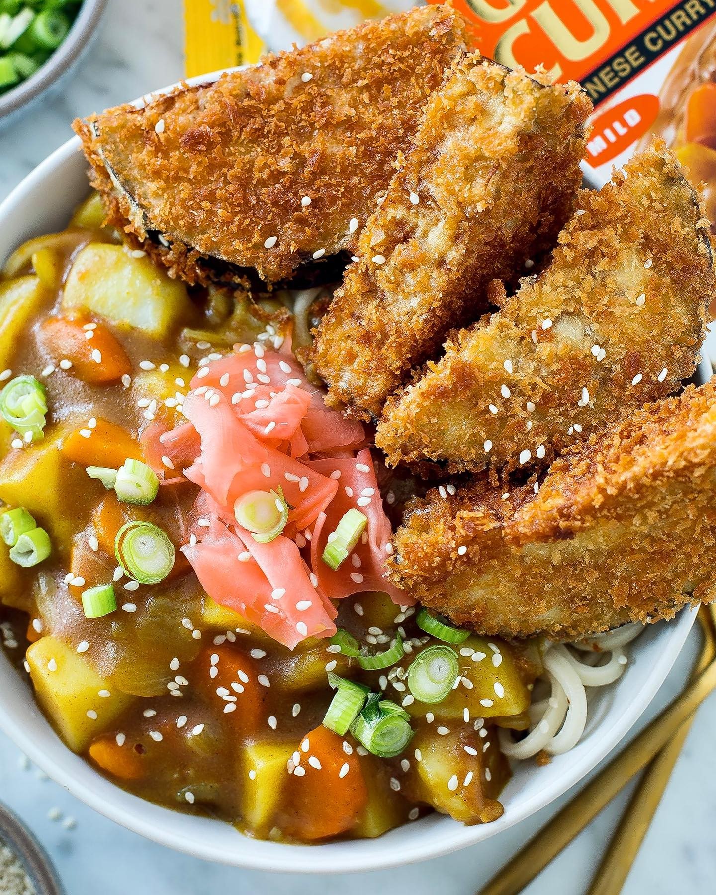 Vegetarian Eggplant Katsu Curry with Udon