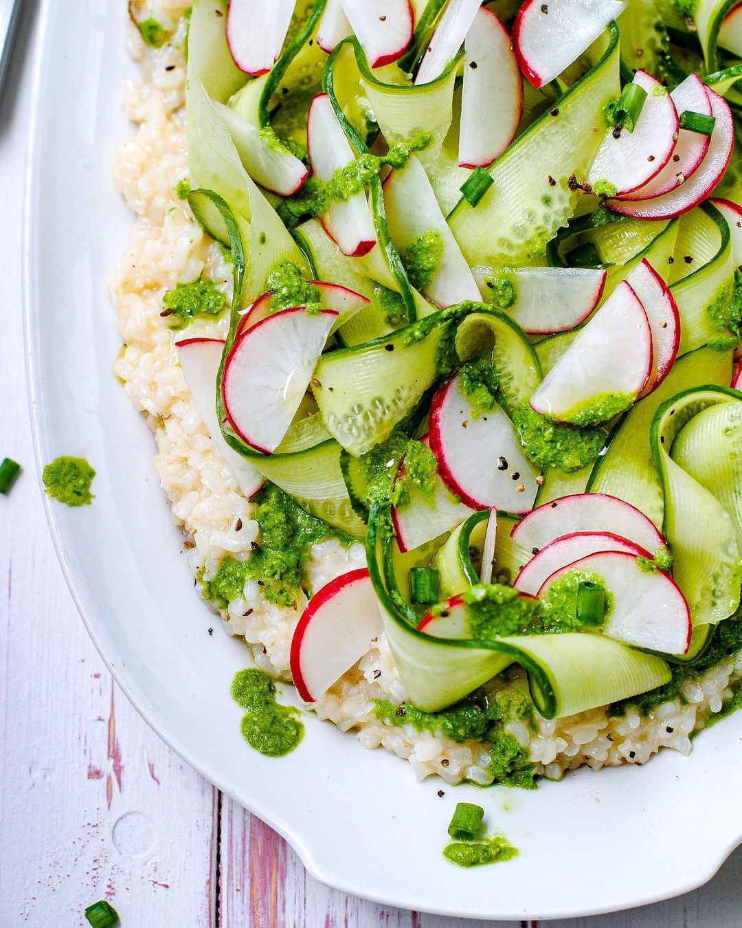 Vegan Horseradish Risotto with Spring Salad and Pesto