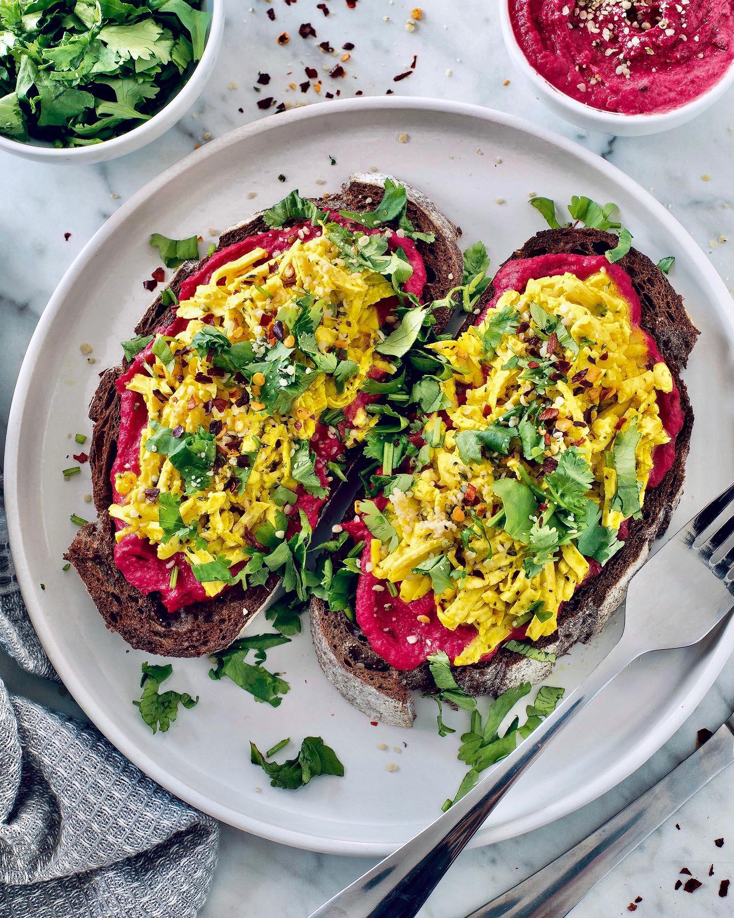 Beetroot Hummus and Tofu Scramble Toast