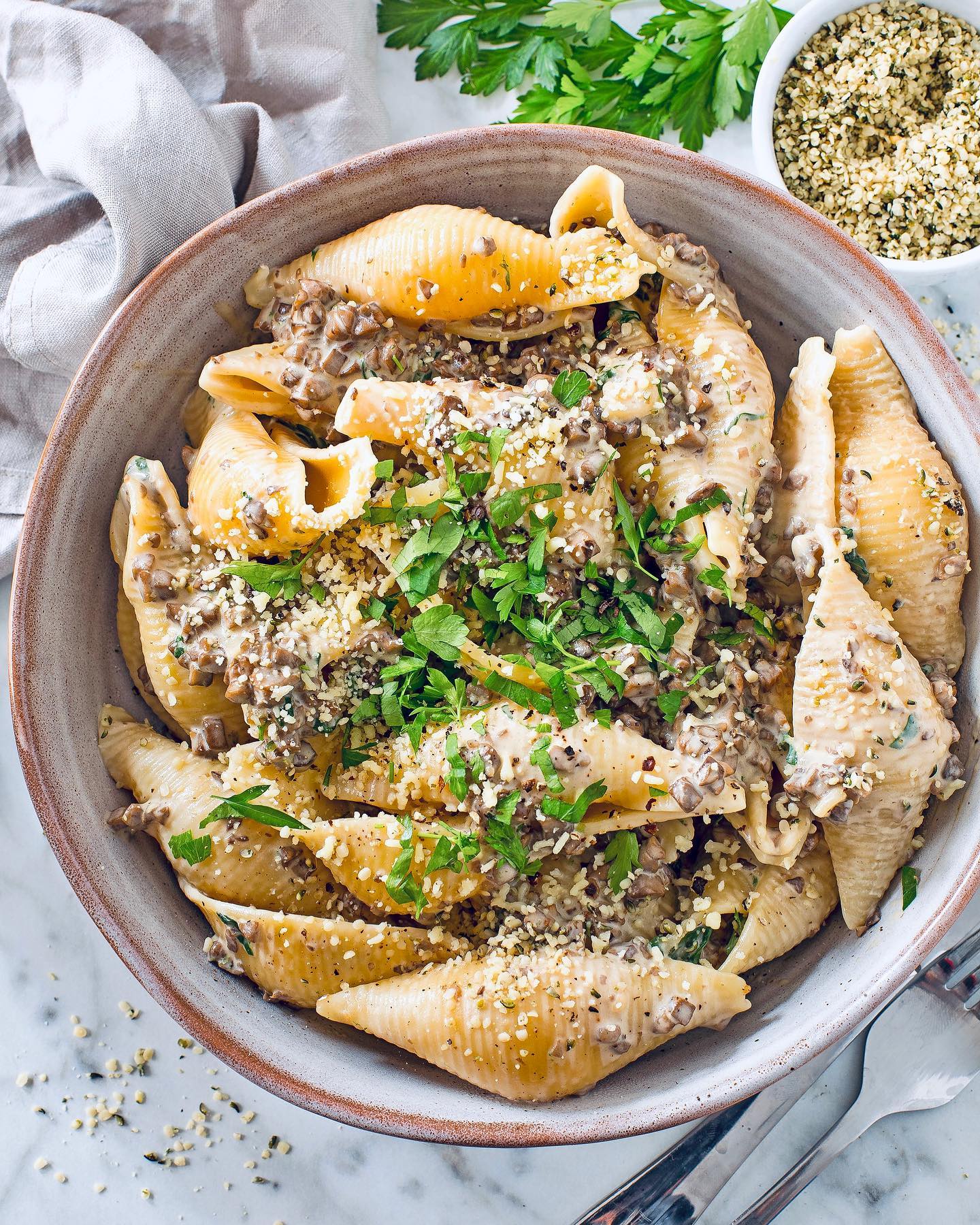 Unstuffed Pasta Shells with Mushroom Stroganoff