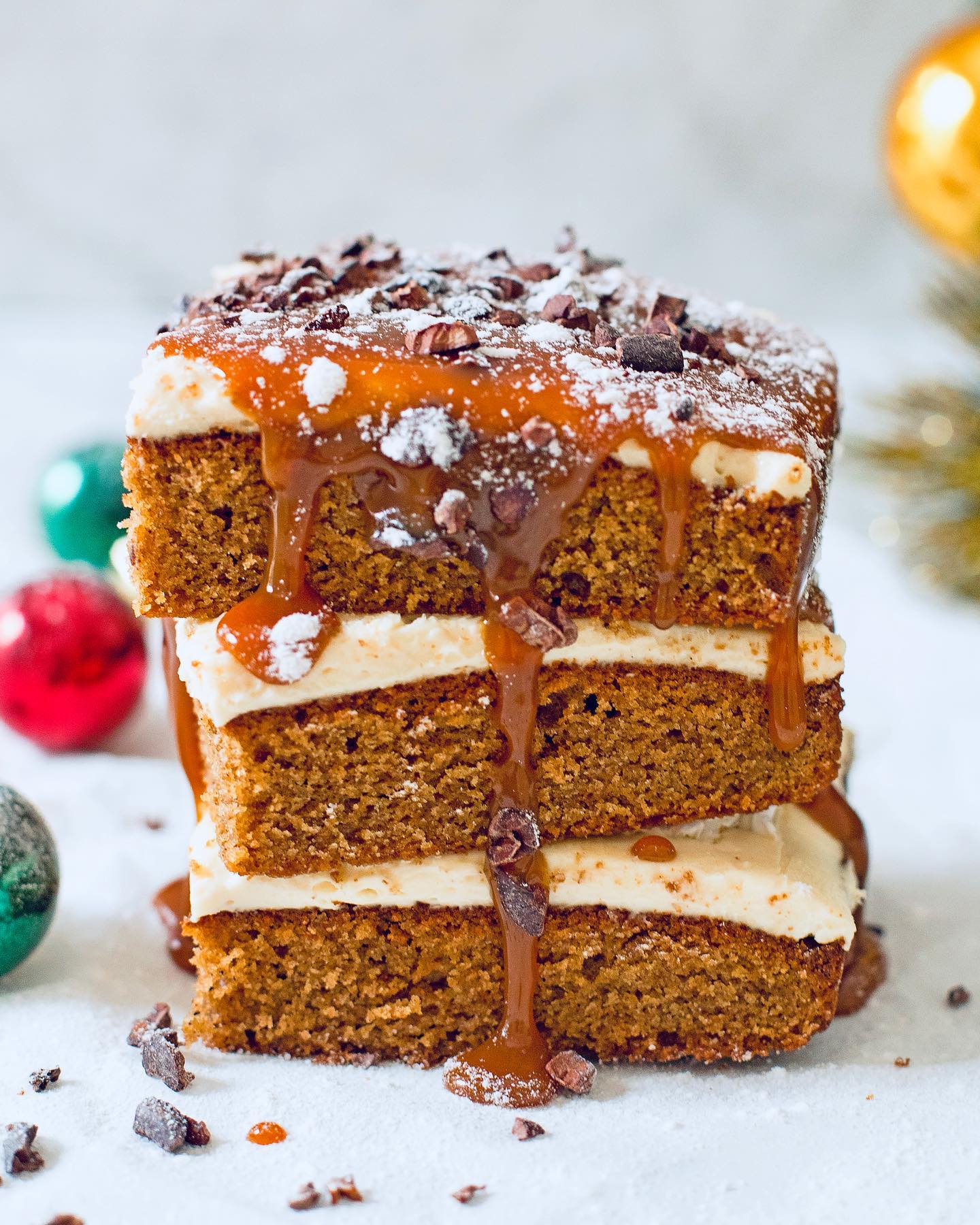 Gingerbread Cake Slices with Frosting and Caramel