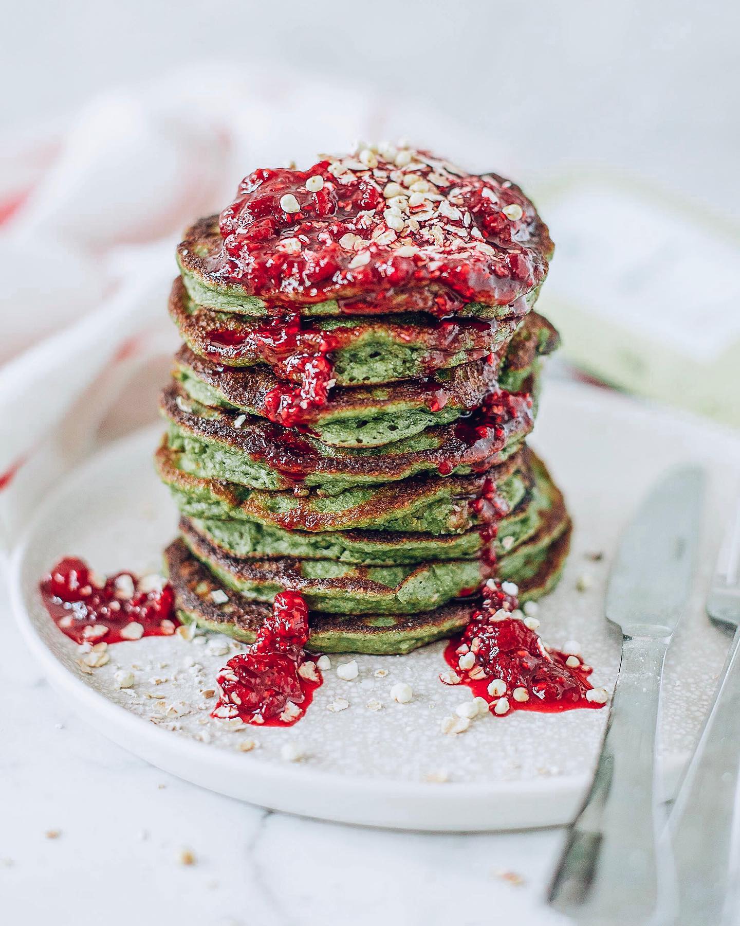 Almond Matcha Pancakes with Raspberry Chia Jam