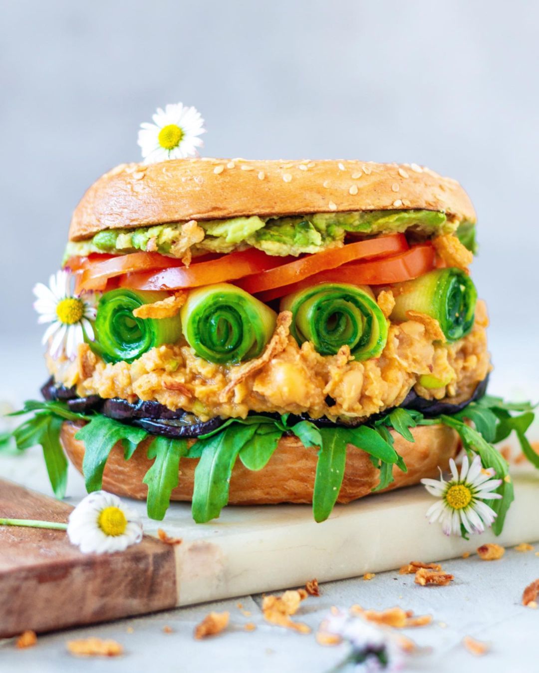 Vegan Spicy Smashed Chickpea Salad on Bagel