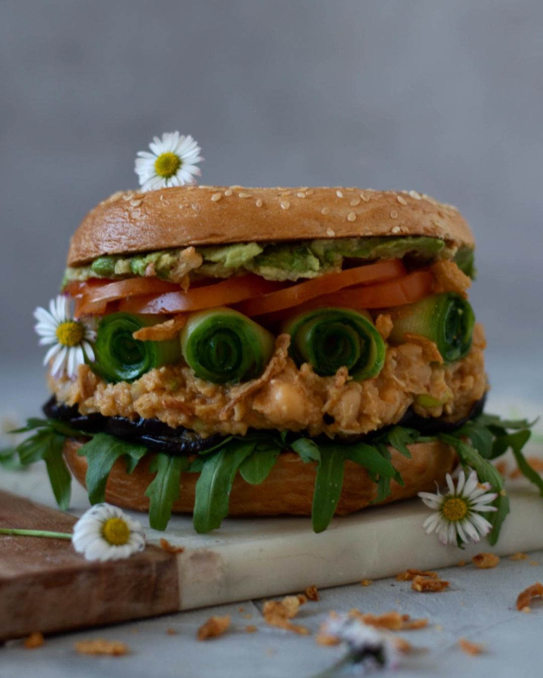 Vegan Spicy Smashed Chickpea Salad on Bagel