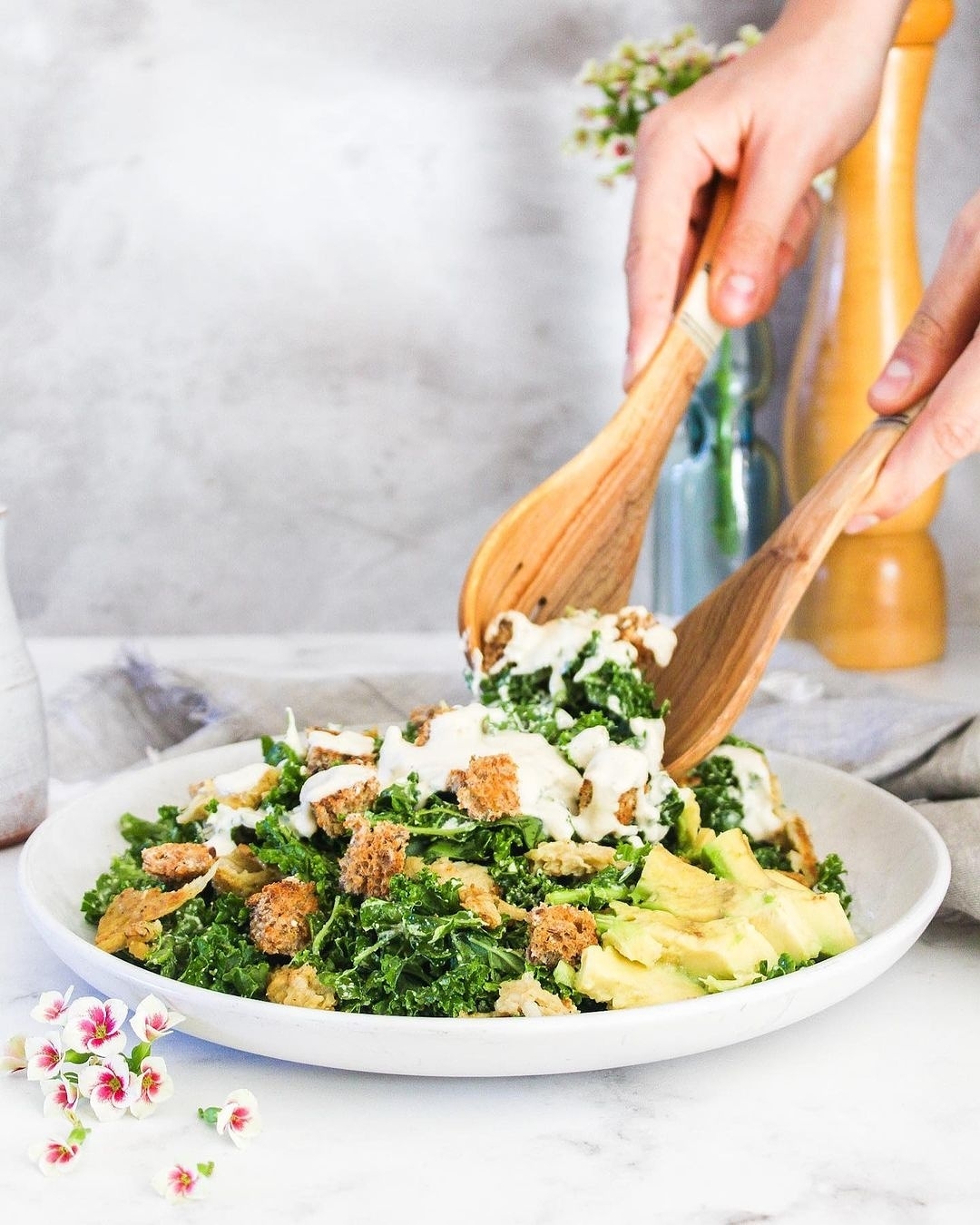 Vegan "Chicken" Kale Caesar Salad