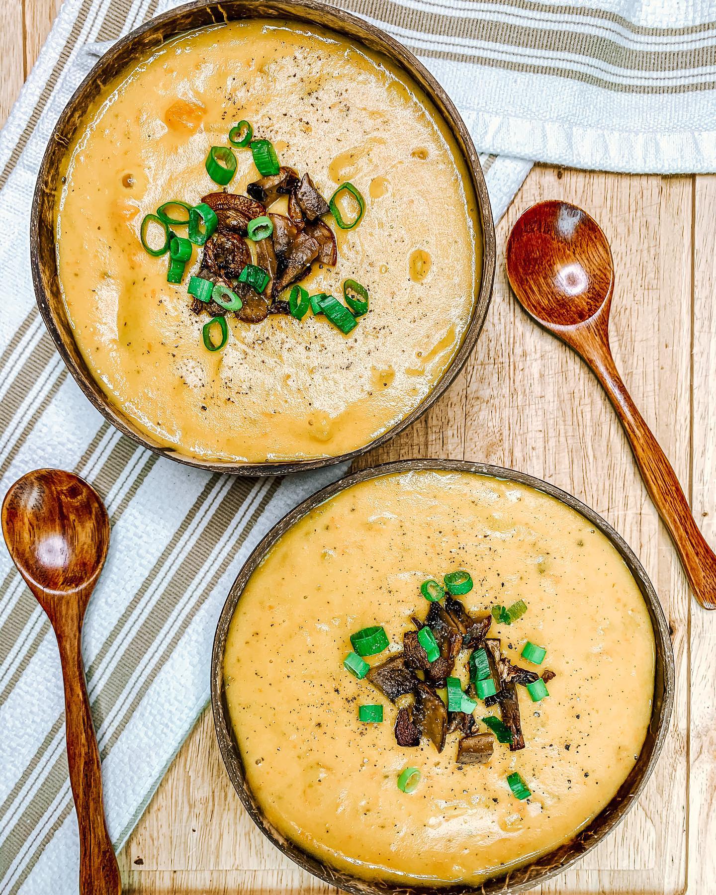 Creamy Potato Soup with Vegan Mushroom Bacon