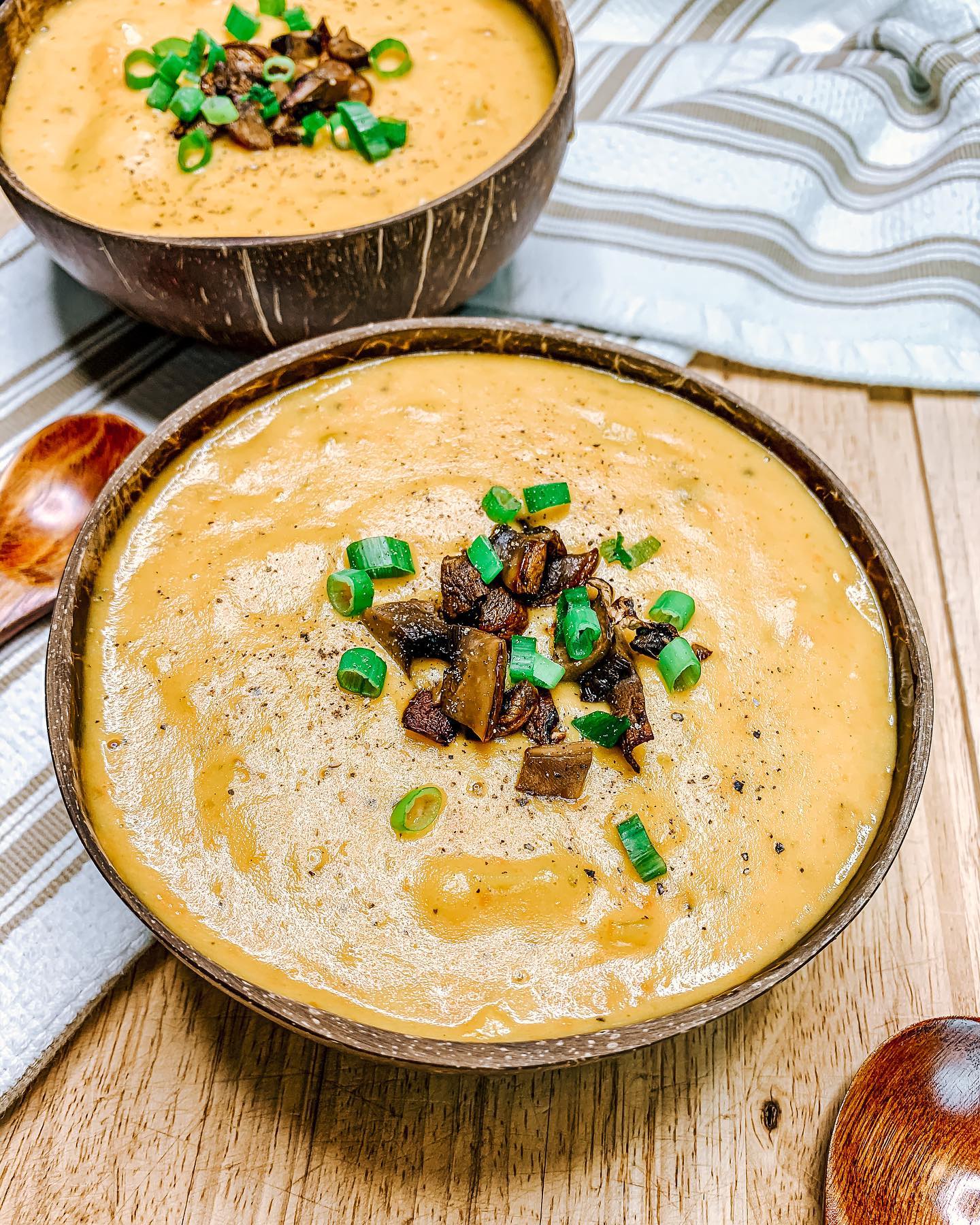 Creamy Potato Soup with Vegan Mushroom Bacon