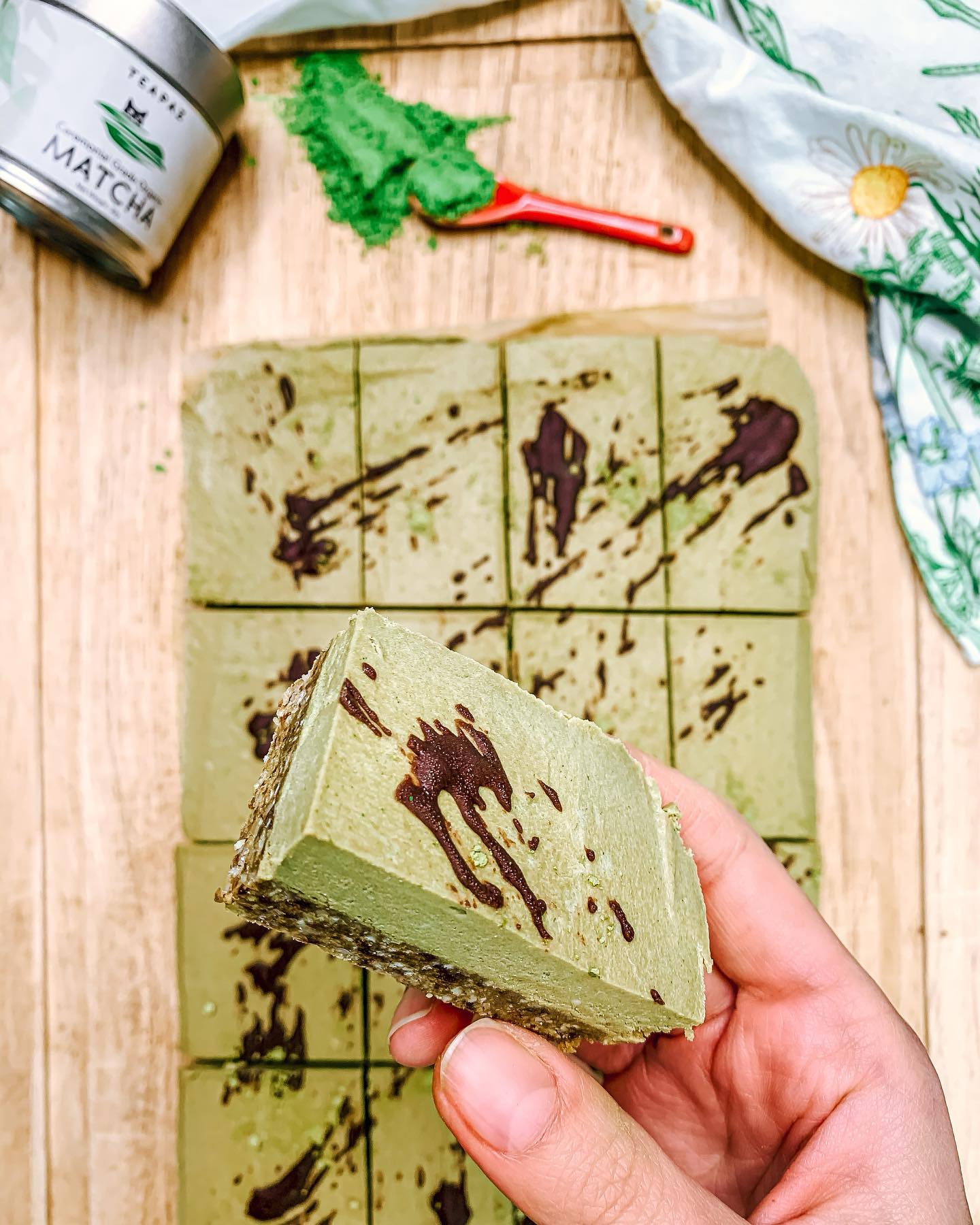 Vegan Matcha Cheesecake Slices with Matcha Latte