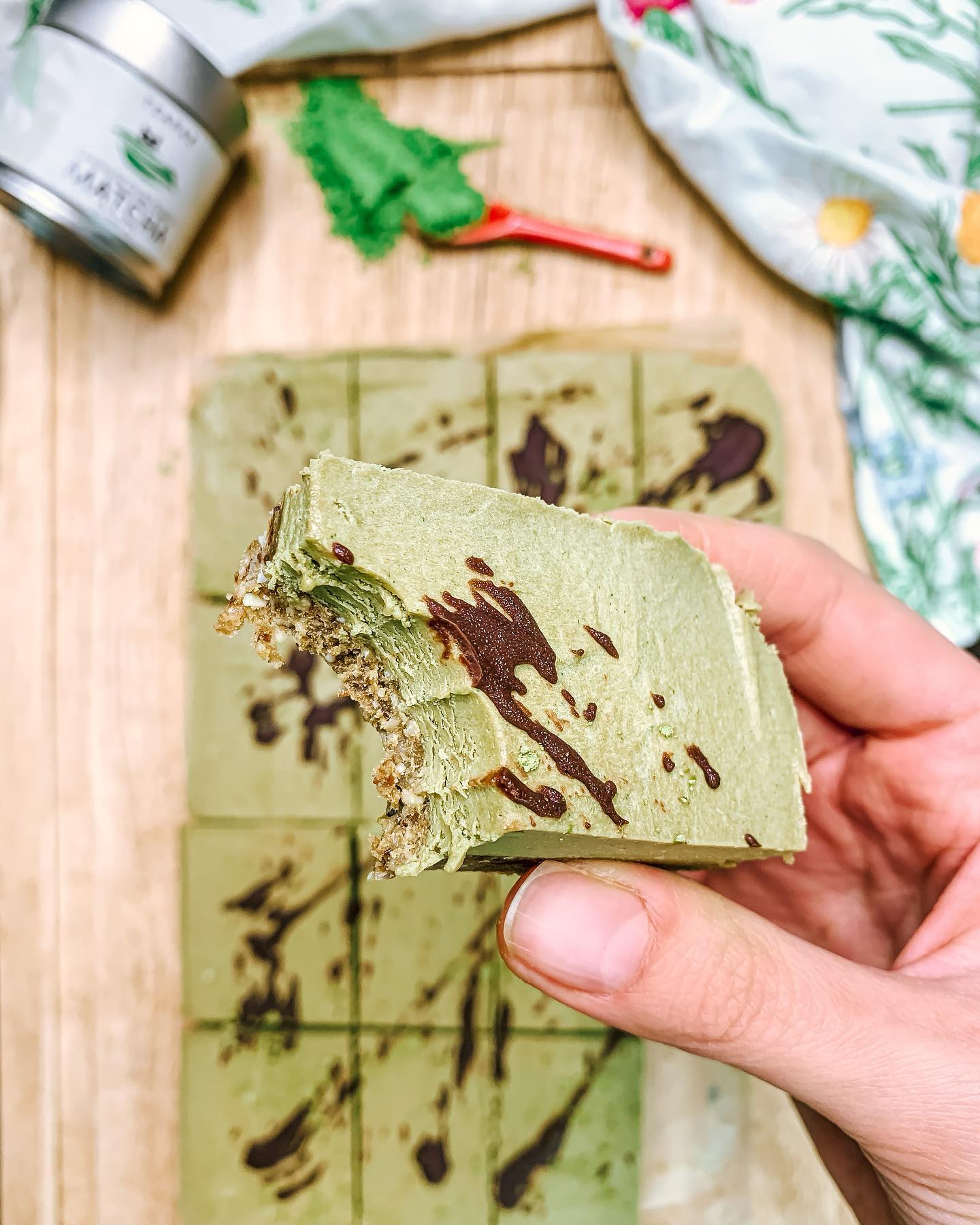 Vegan Matcha Cheesecake Slices with Matcha Latte