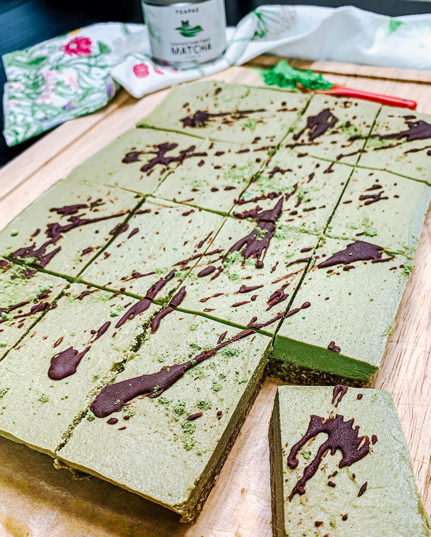 Vegan Matcha Cheesecake Slices with Matcha Latte