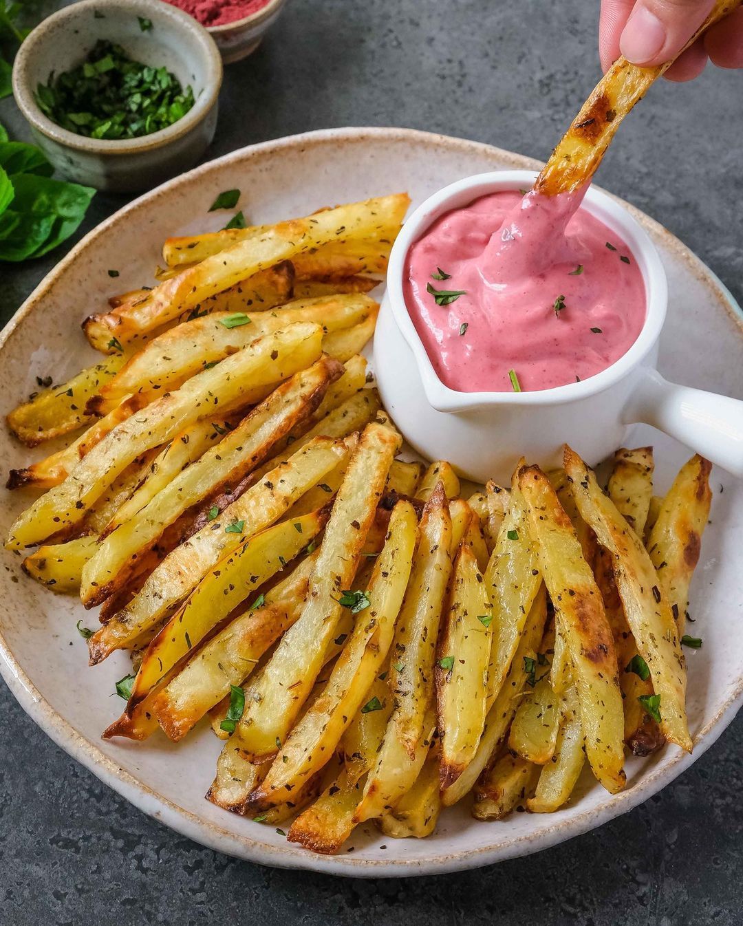Baked Herb Fries with Beet Garlic Mayo