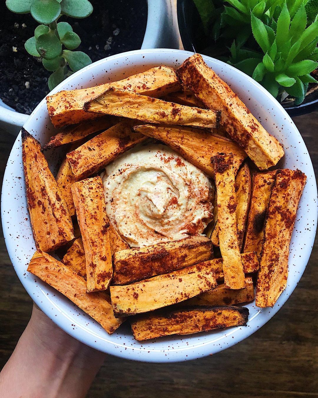 Garlic Sweet Potato Fries with Hummus
