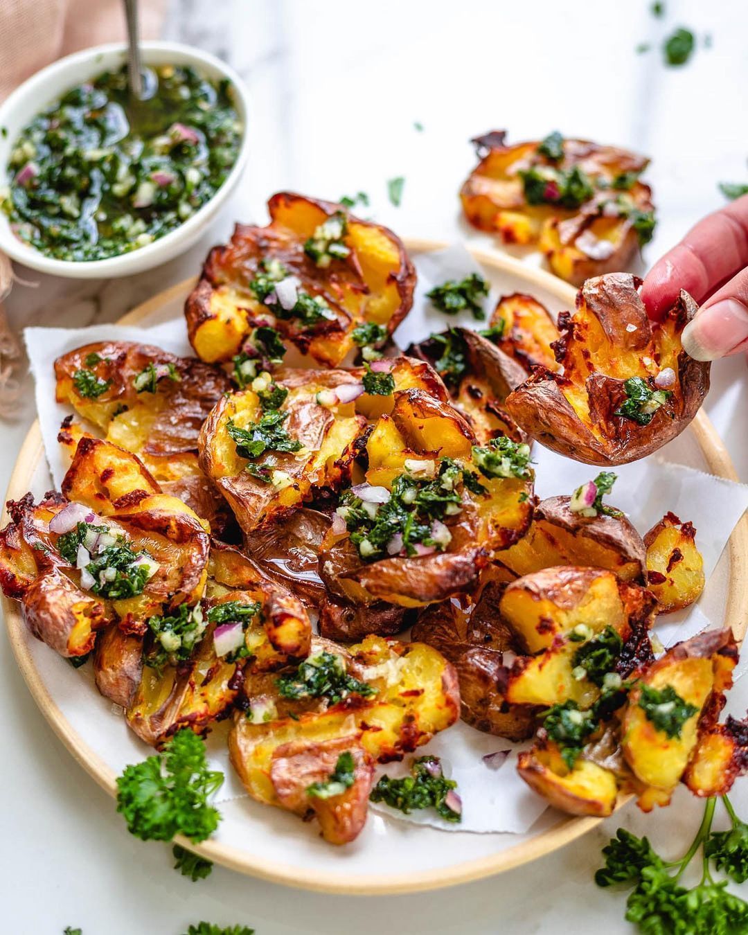Crispy Smashed Potatoes with Chimichurri Sauce