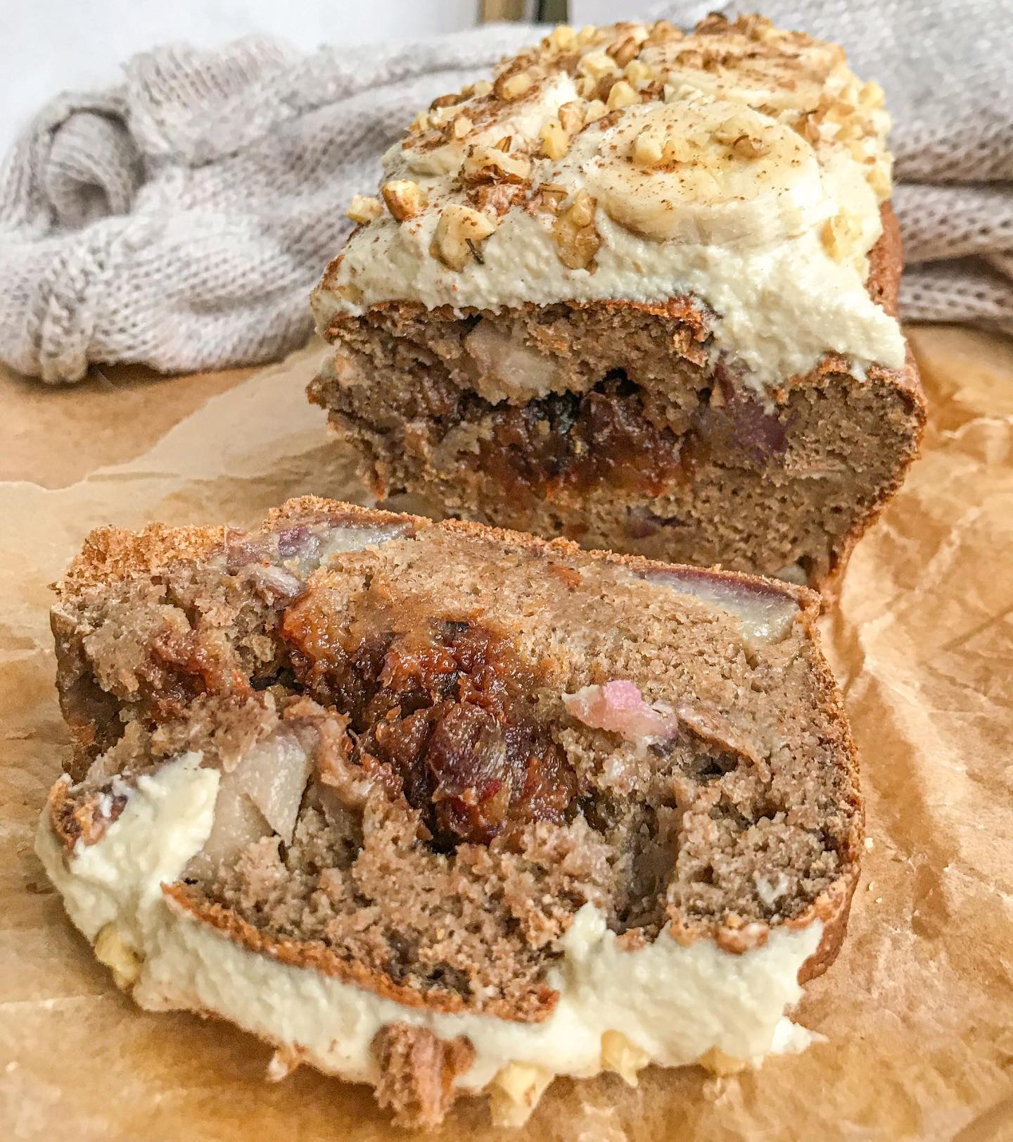 Irresistible Banana Bread with Apples, Date Caramel, and Cashew Frosting
