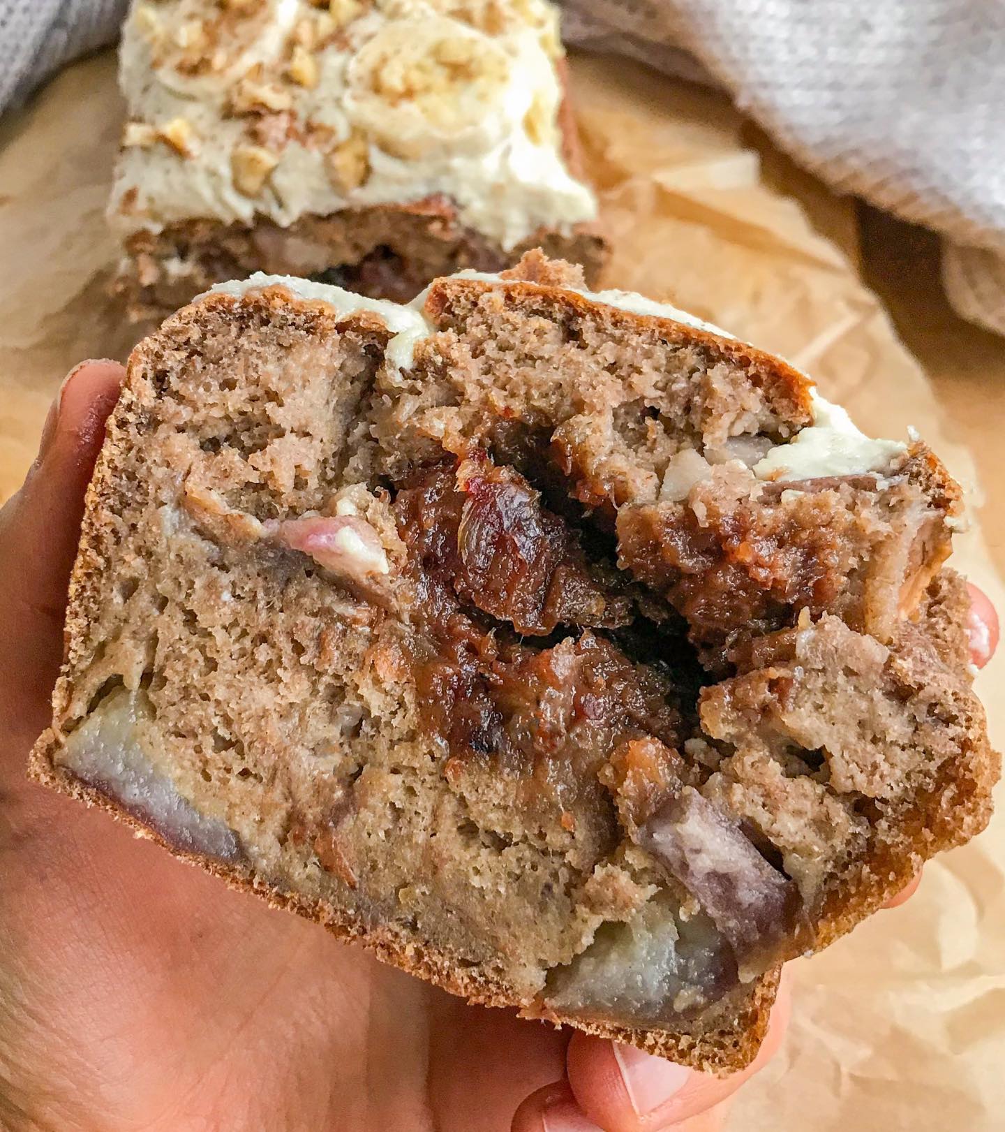 Irresistible Banana Bread with Apples, Date Caramel, and Cashew Frosting