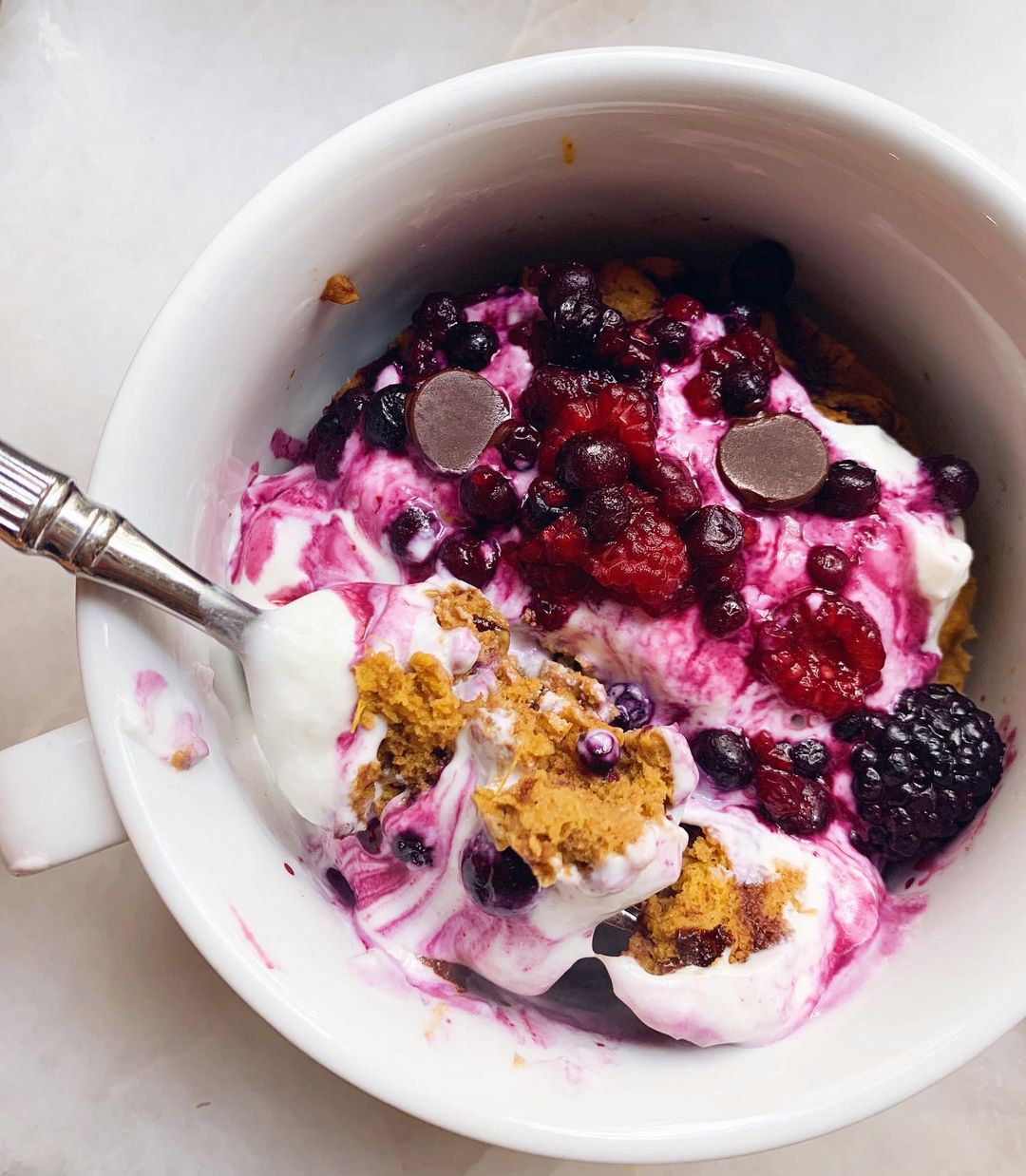 Improved Sweet Potato Breakfast Mug Cake with Chocolate Chips