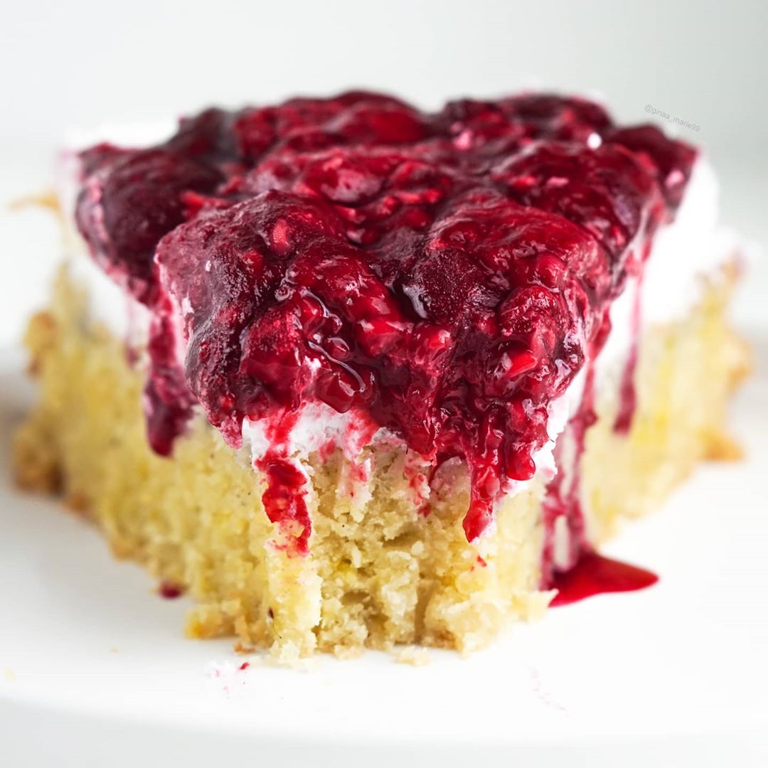 Moist Lemon Coconut Cake with Vegan Whipped Cream and Raspberry Topping
