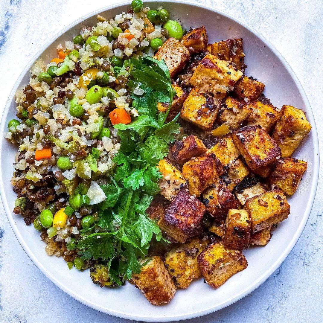 Crispy Tofu Cauliflower Fried Rice Bowl