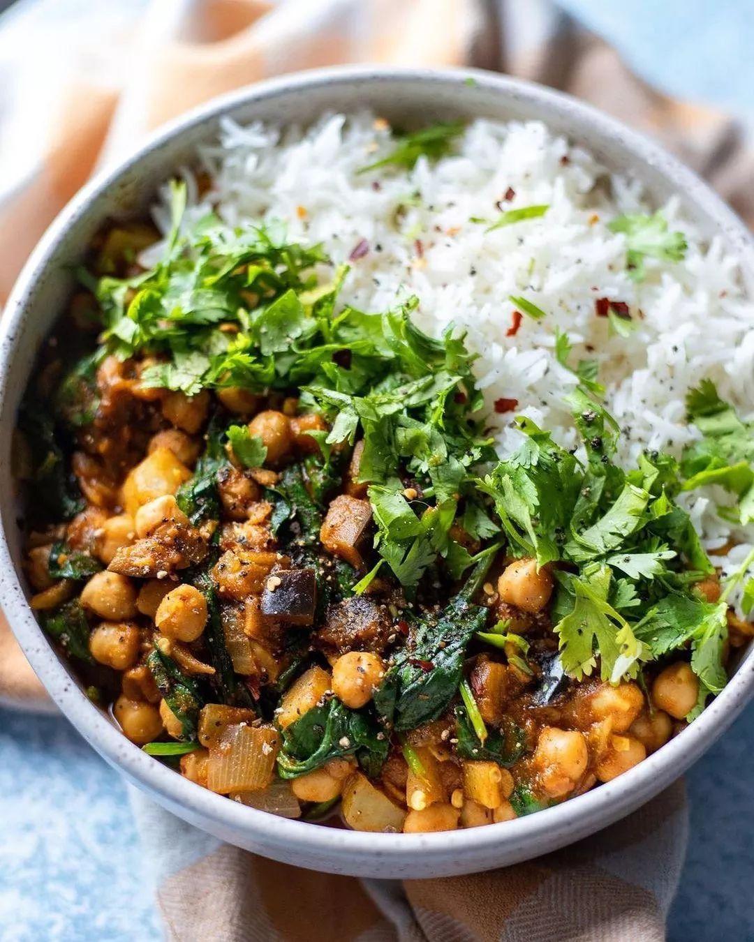 Chickpea Curry with Eggplant, Spinach and Potato