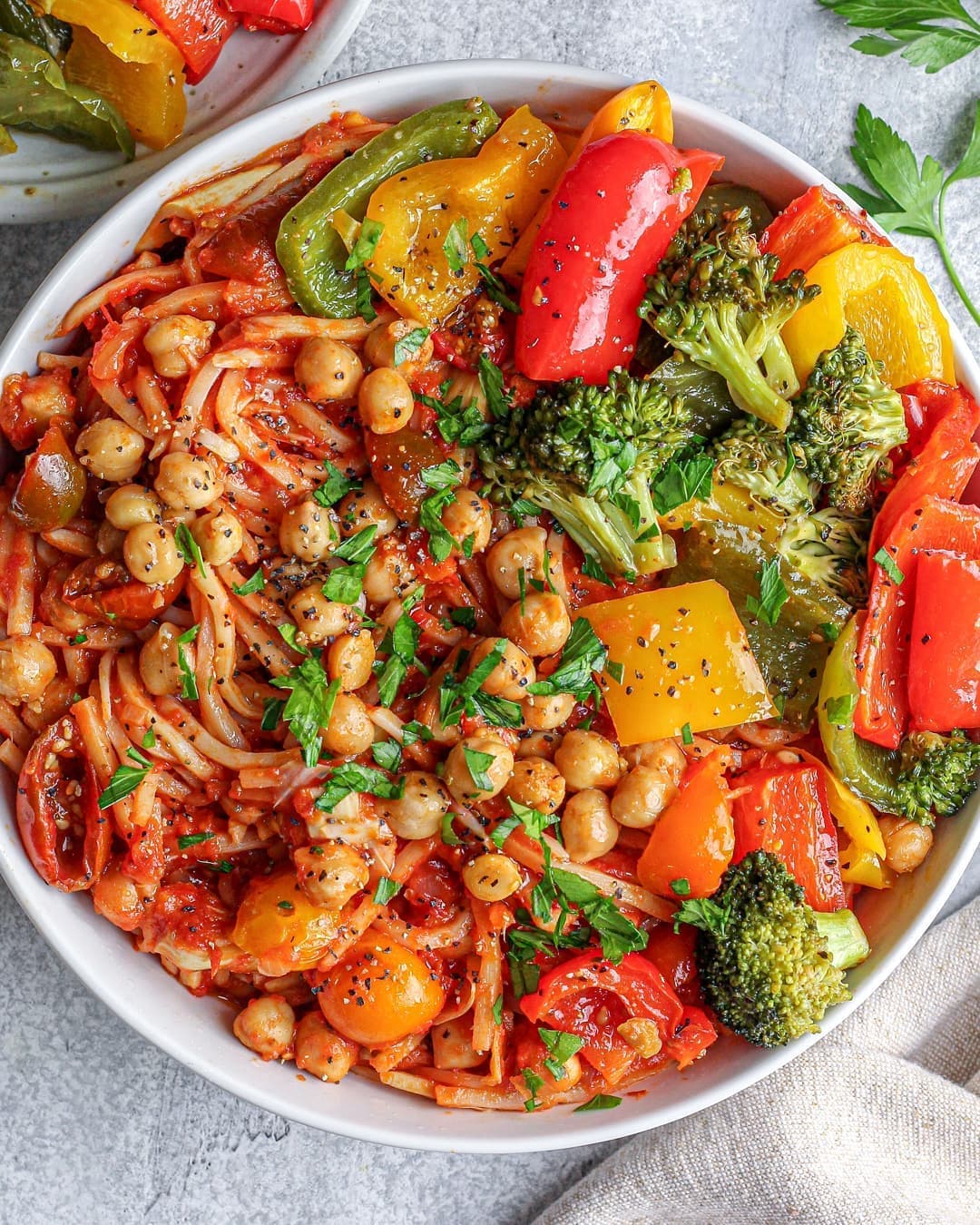 Roasted Vegetables and Chickpeas with Angel Hair Noodles